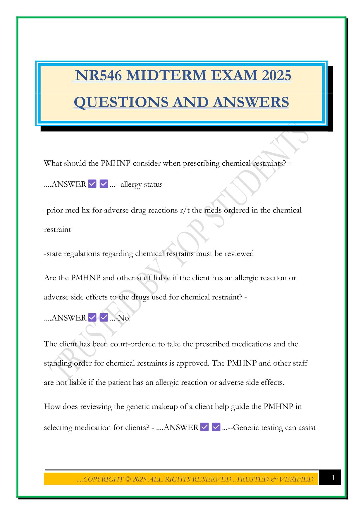 NR546 MIDTERM EXAM 2025 QUESTIONS AND ANSWERS