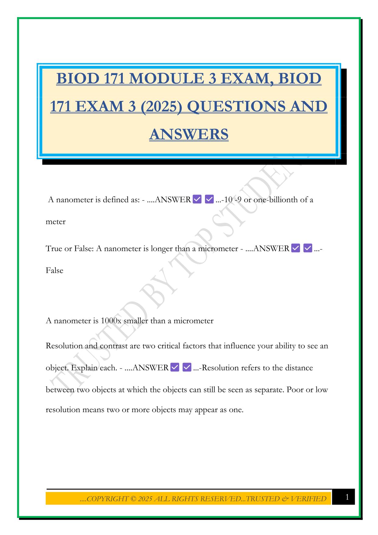 BIOD 171 MODULE 3 EXAM, BIOD 171 EXAM 3 (2025) QUESTIONS AND ANSWERS