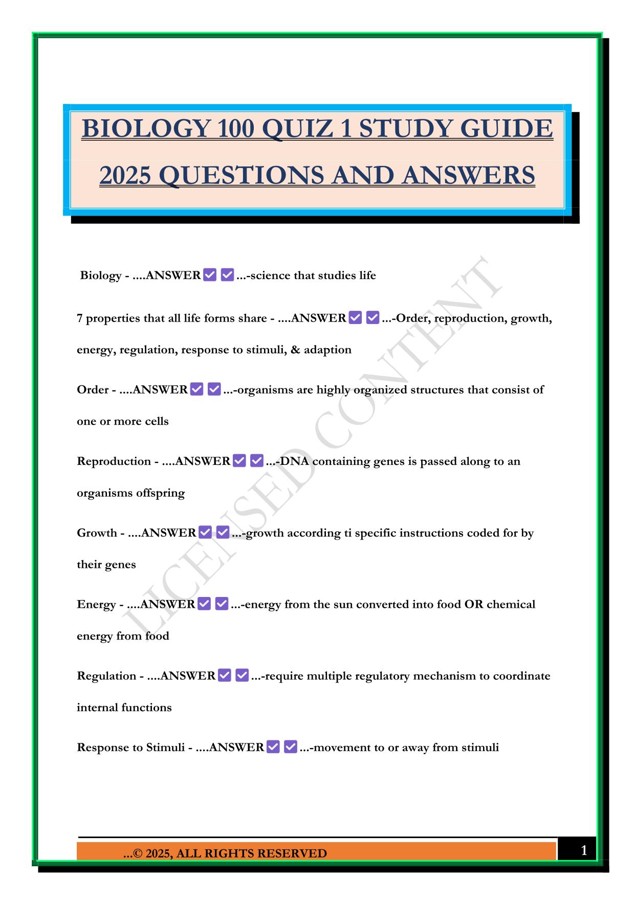 BIOLOGY 100 QUIZ 1 STUDY GUIDE 2025 QUESTIONS AND ANSWERS
