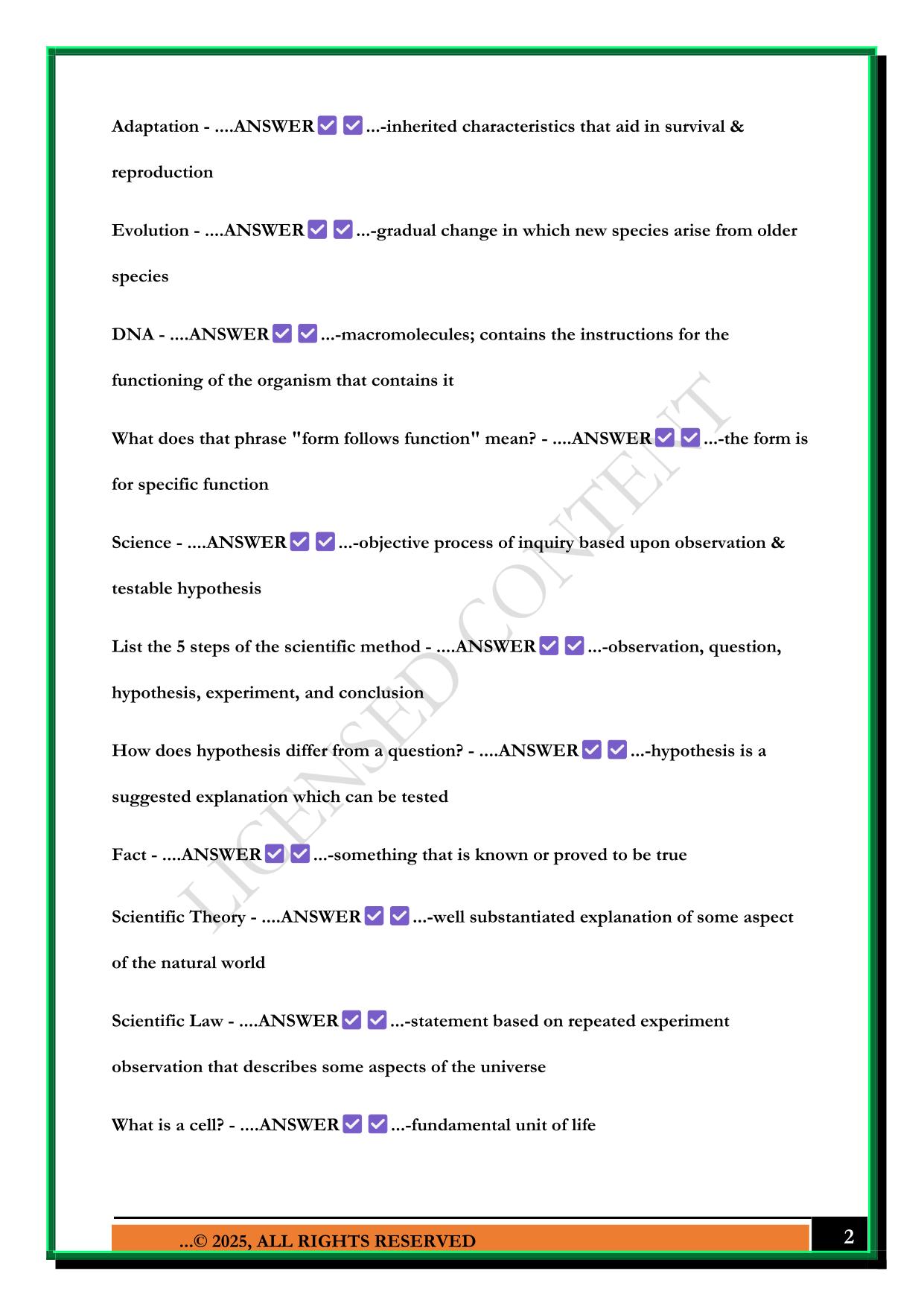 BIOLOGY 100 QUIZ 1 STUDY GUIDE 2025 QUESTIONS AND ANSWERS
