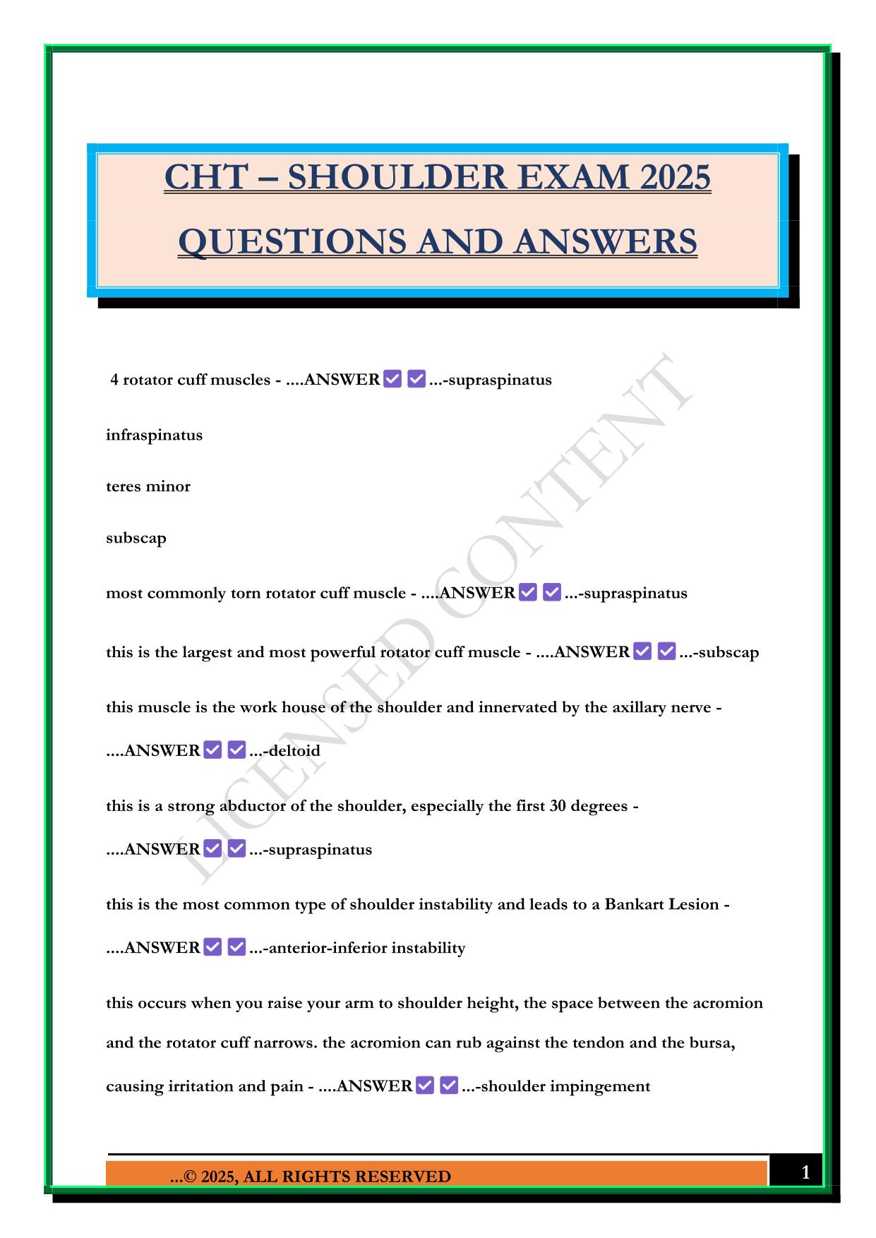 CHT – SHOULDER EXAM 2025 QUESTIONS AND ANSWERS