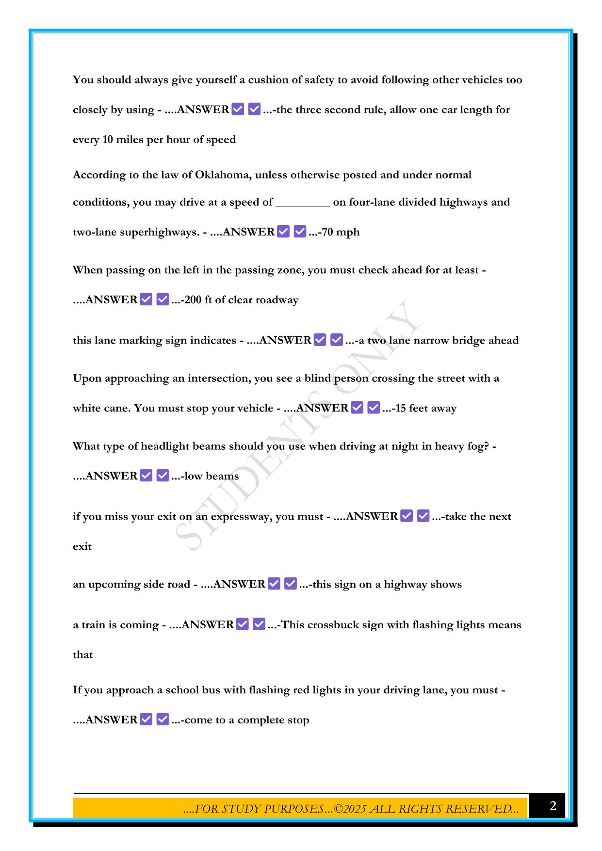 OKLAHOMA PERMIT TEST 2025 QUESTIONS AND ANSWERS