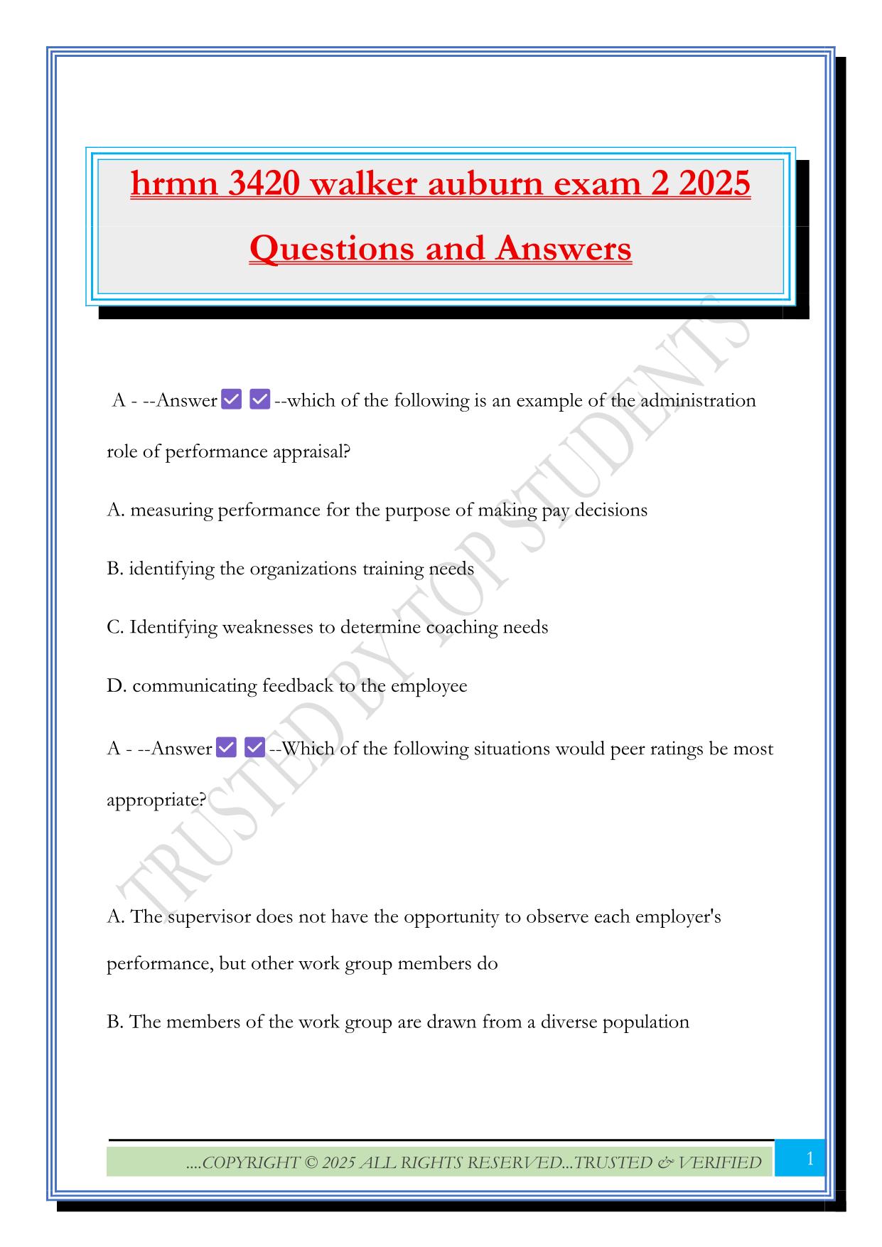 hrmn 3420 walker auburn exam 2 2025 Questions and Answers