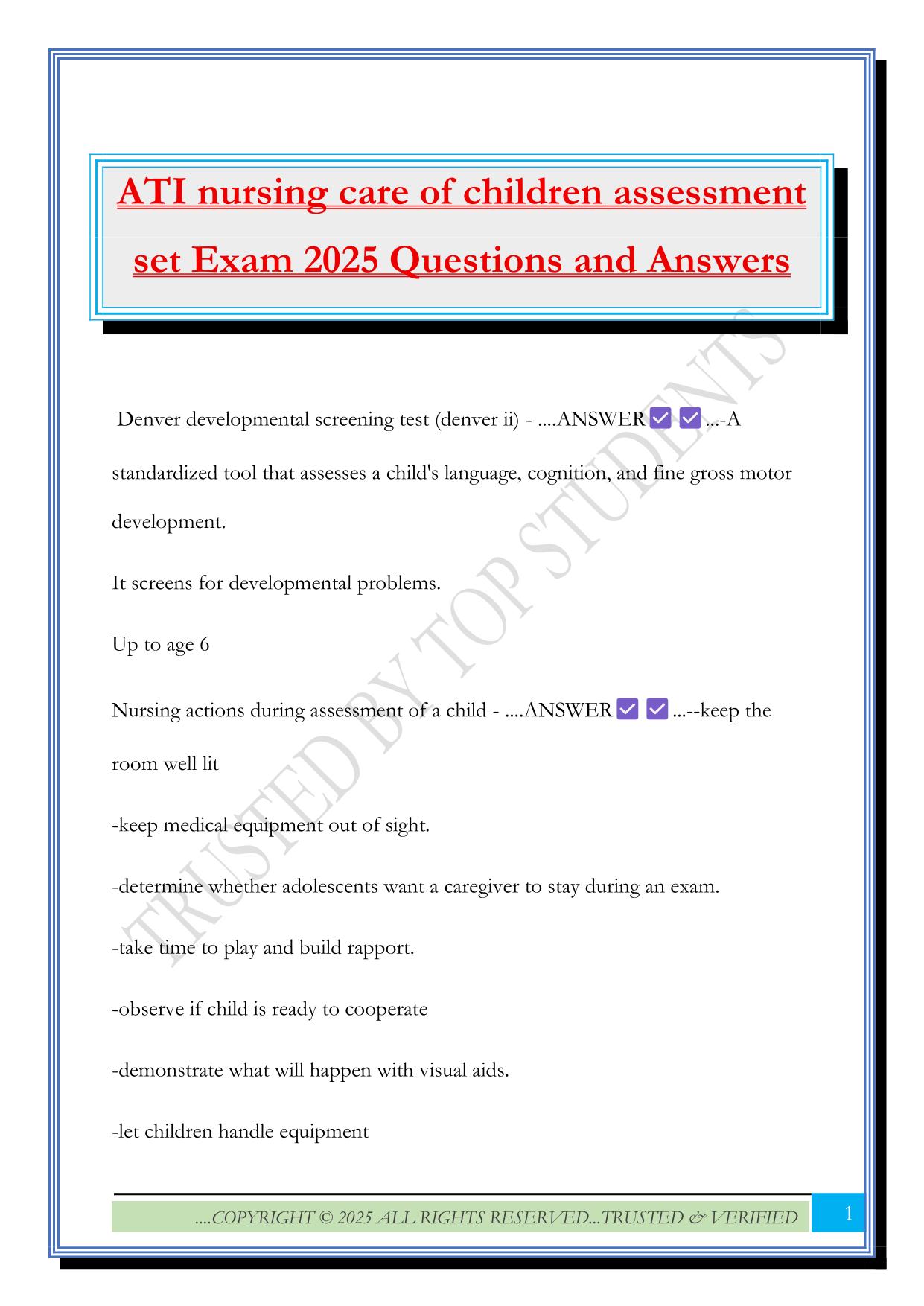 ATI nursing care of children assessment set Exam 2025 Questions and Answers