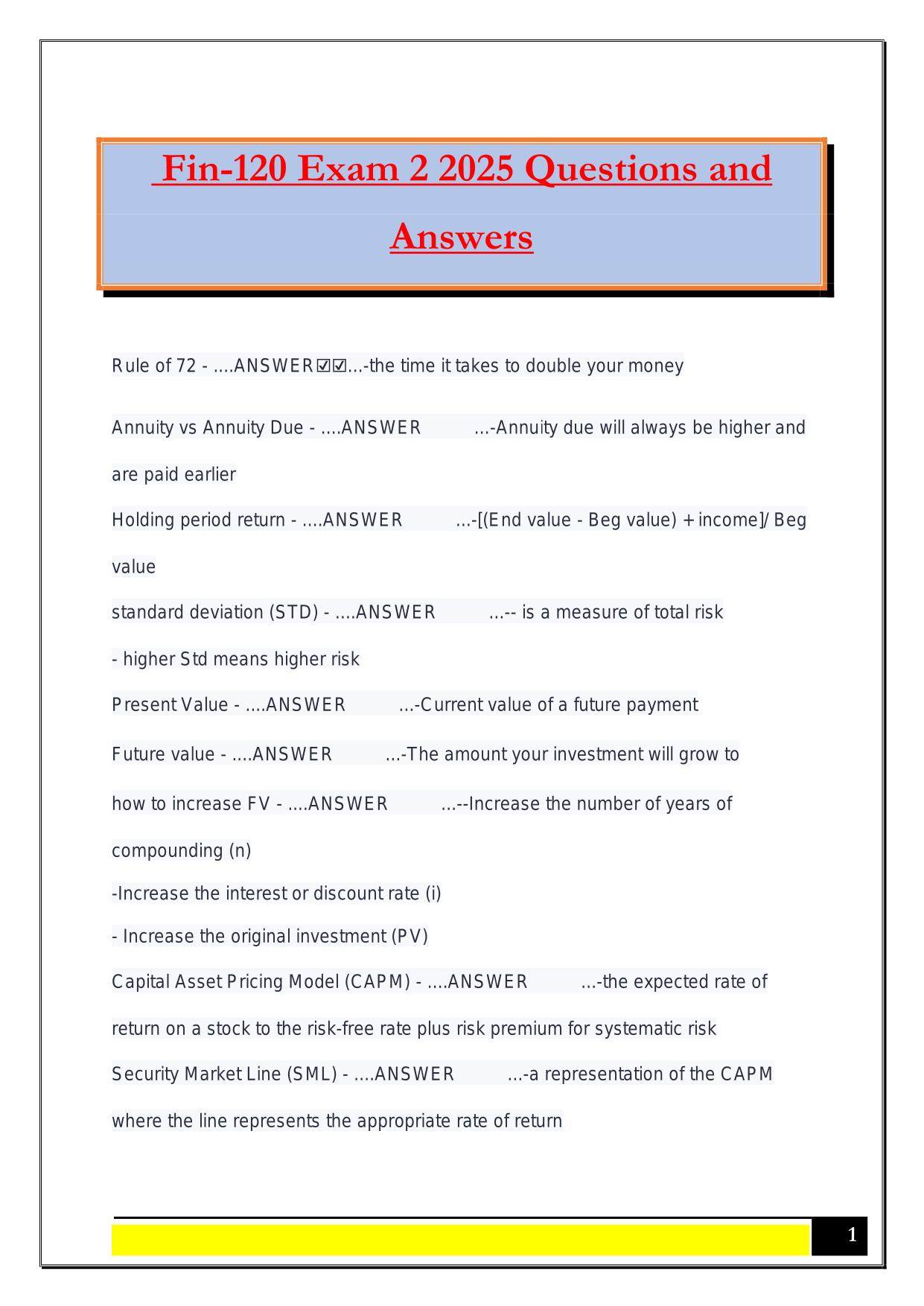 Fin-120 Exam 2 2025 Questions and Answers