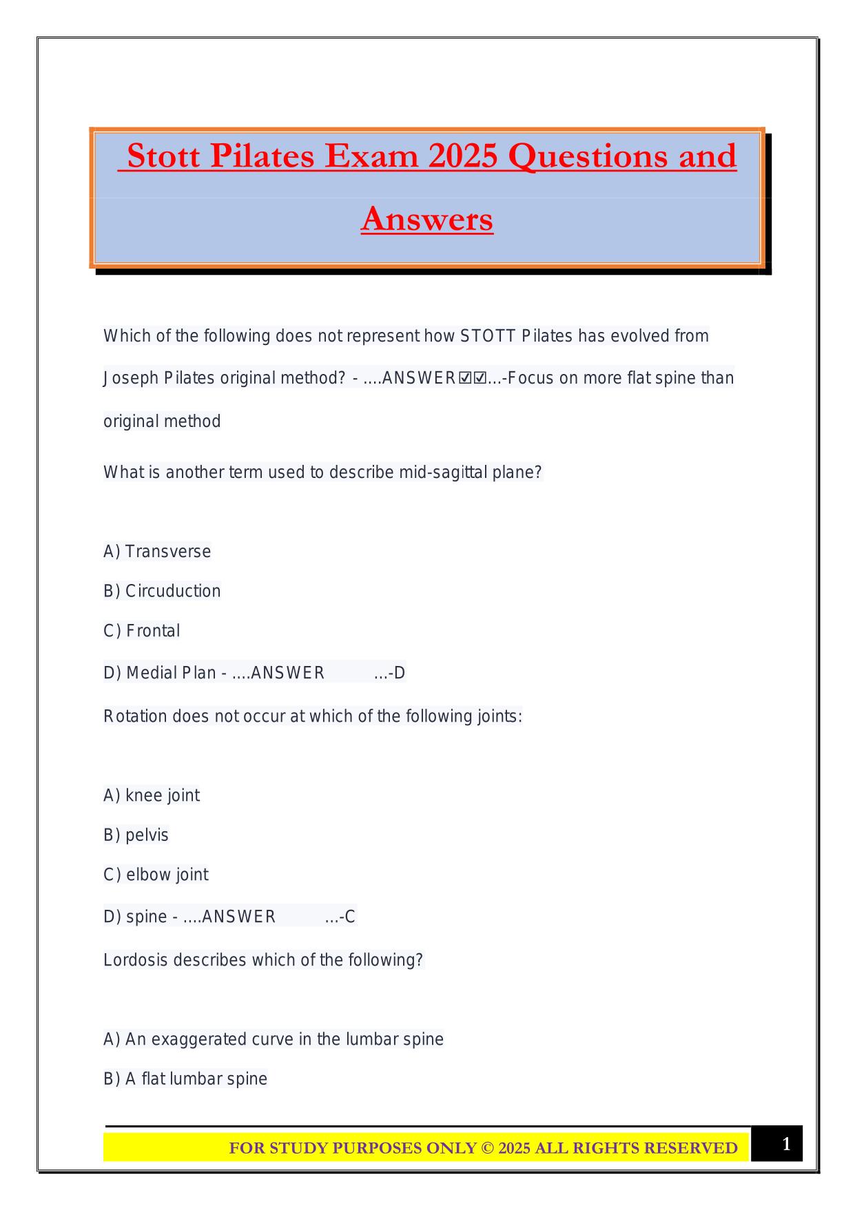 Stott Pilates Exam 2025 Questions and Answers