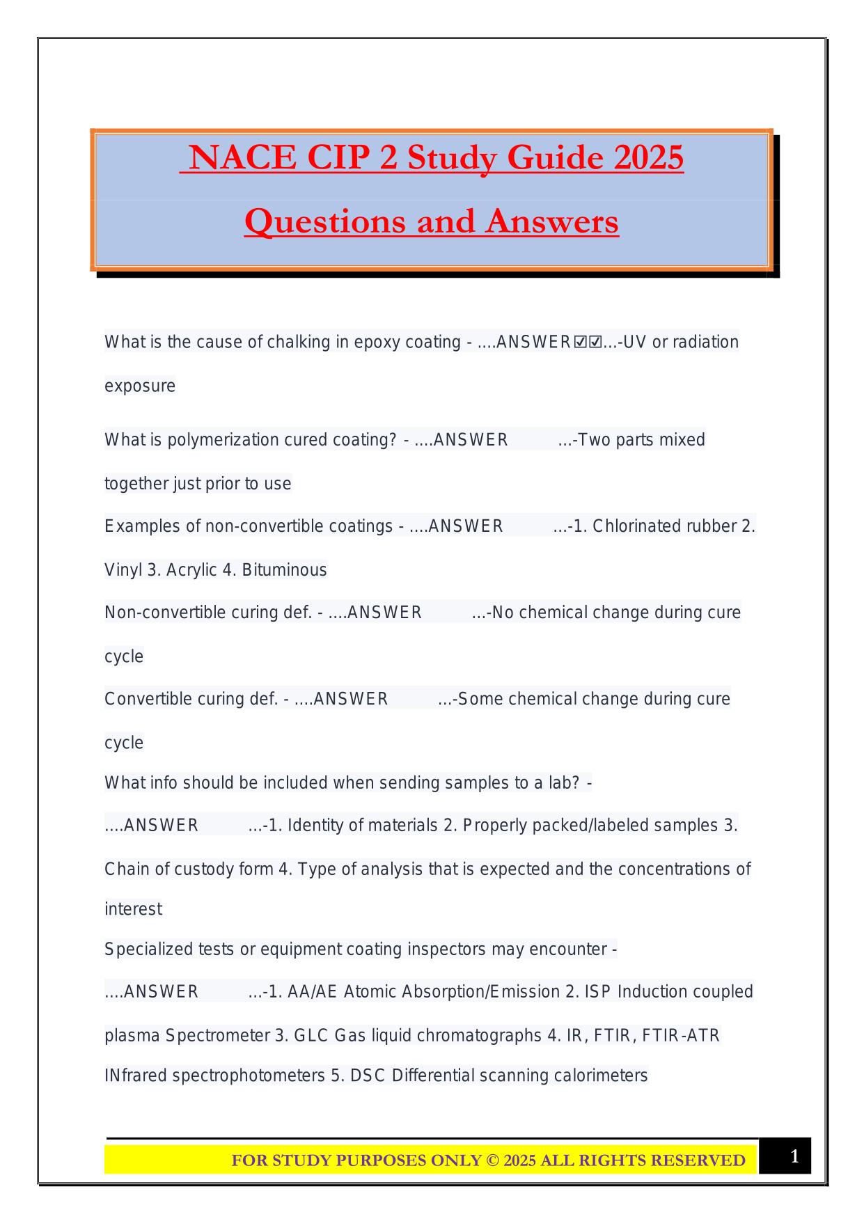 NACE CIP 2 Study Guide 2025 Questions and Answers
