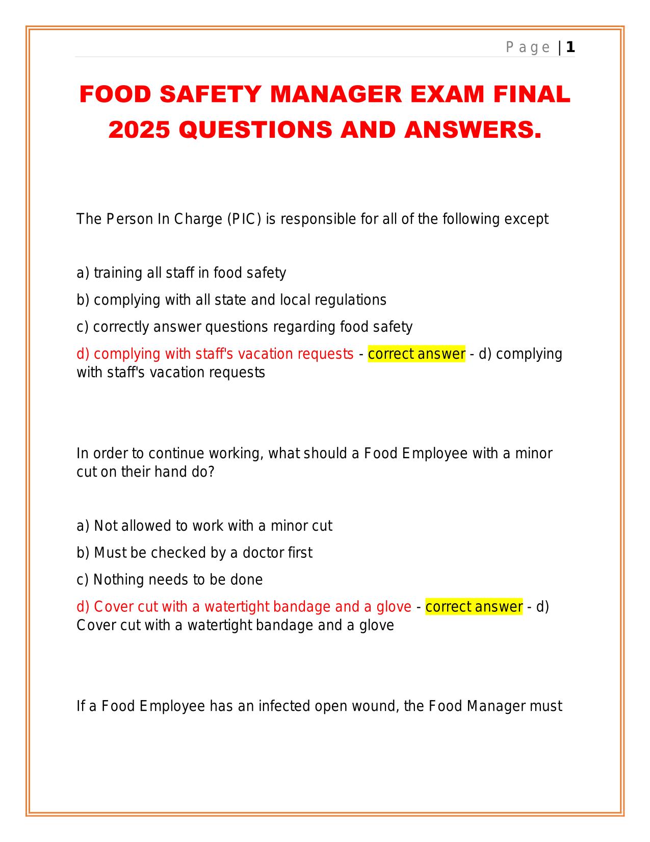FOOD SAFETY MANAGER EXAM FINAL 2025 QUESTIONS AND ANSWERS.