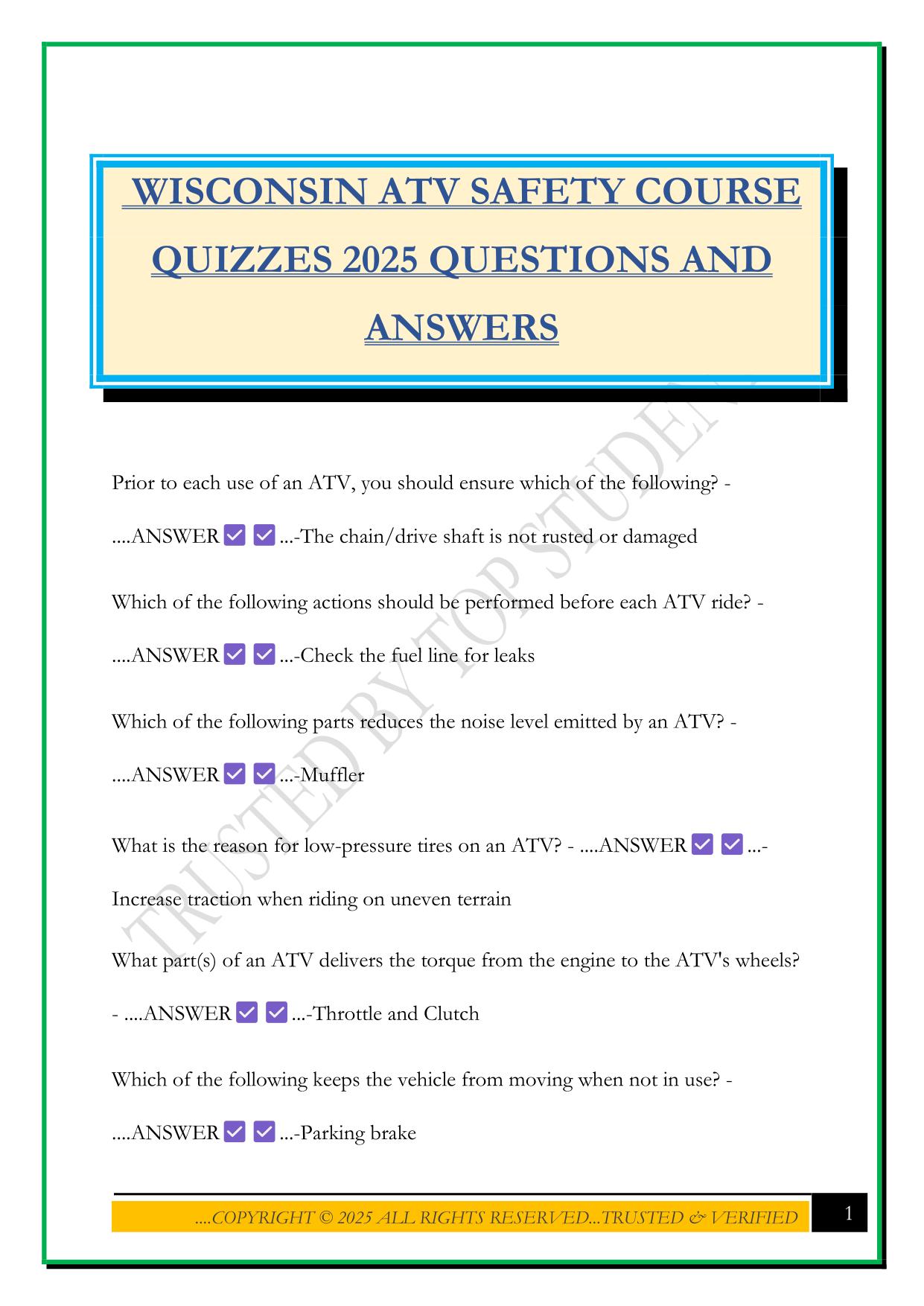 WISCONSIN ATV SAFETY COURSE QUIZZES 2025 QUESTIONS AND ANSWERS