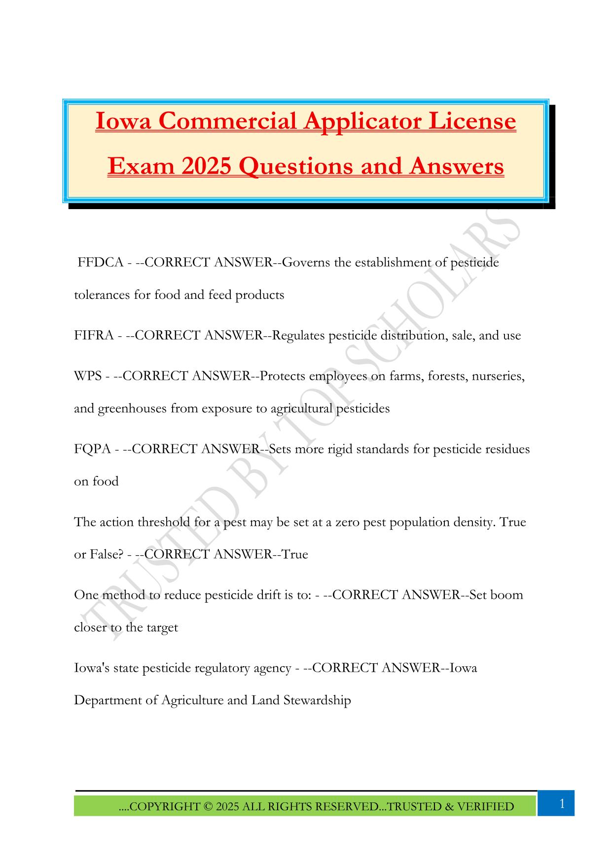 Iowa Commercial Applicator License Exam 2025 Questions and Answers