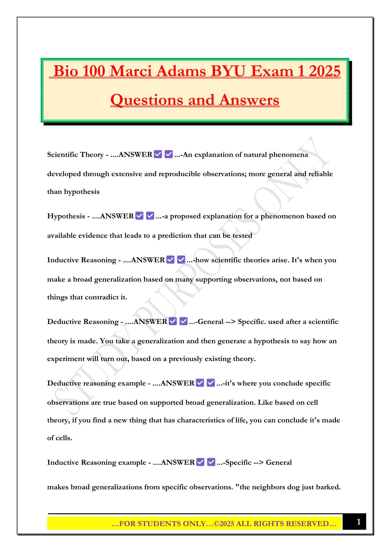Bio 100 Marci Adams BYU Exam 1 2025 Questions and Answers