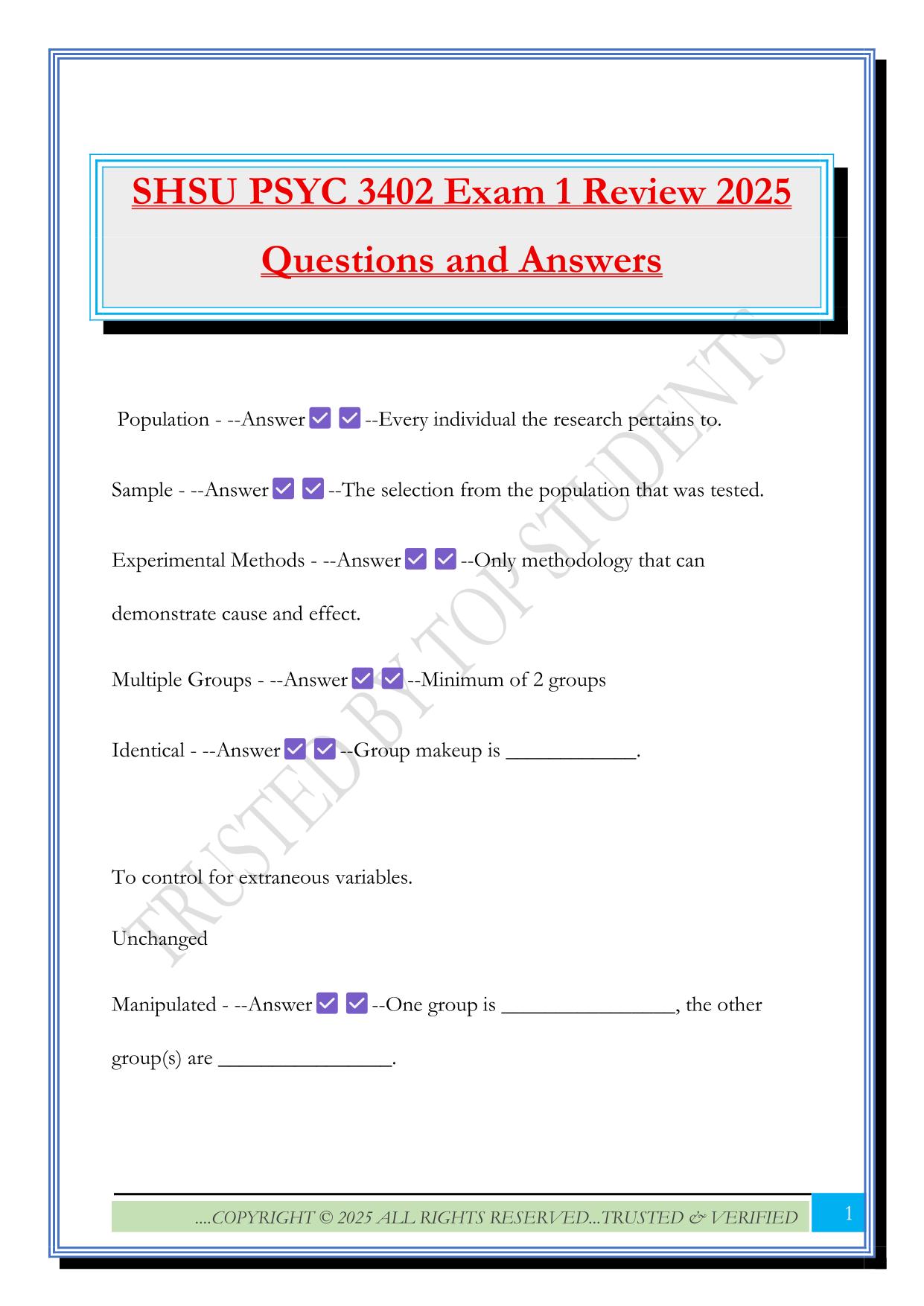 SHSU PSYC 3402 Exam 1 Review 2025 Questions and Answers
