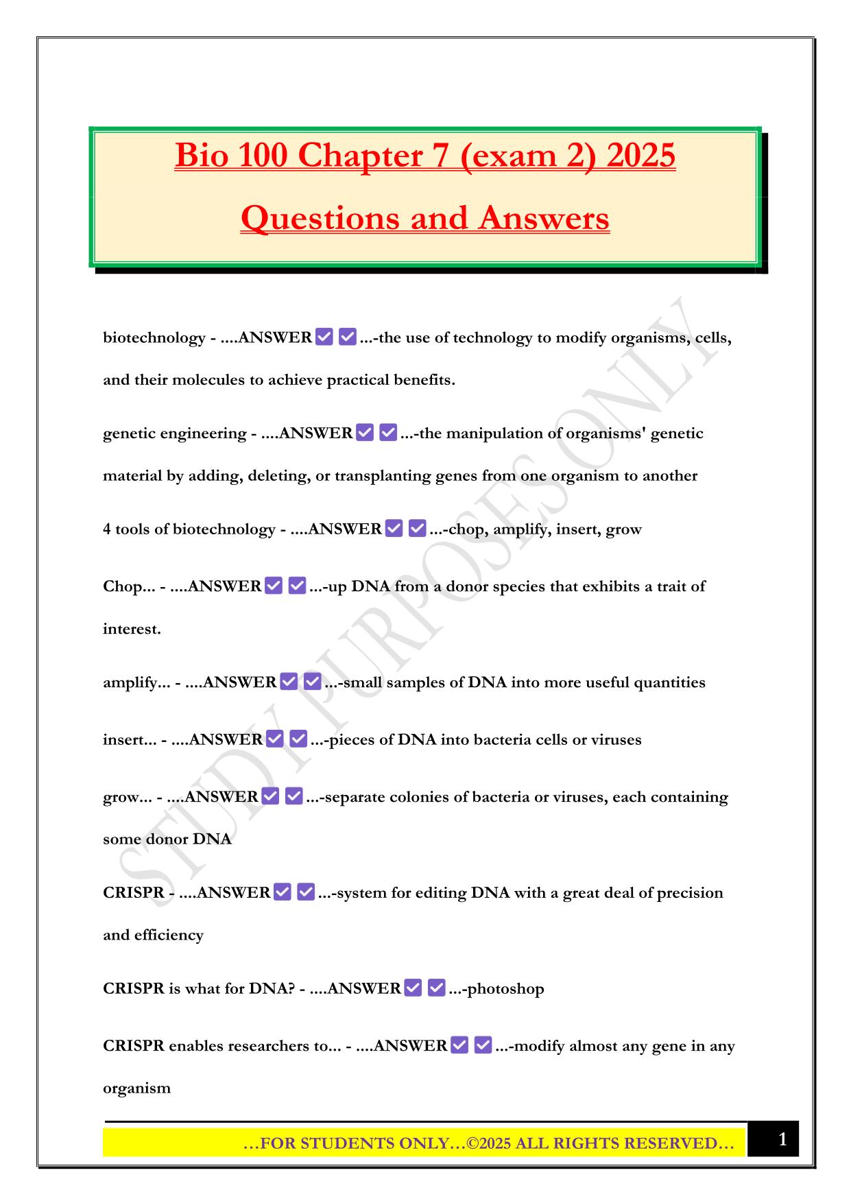 Bio 100 Chapter 7 (exam 2) 2025 Questions and Answers