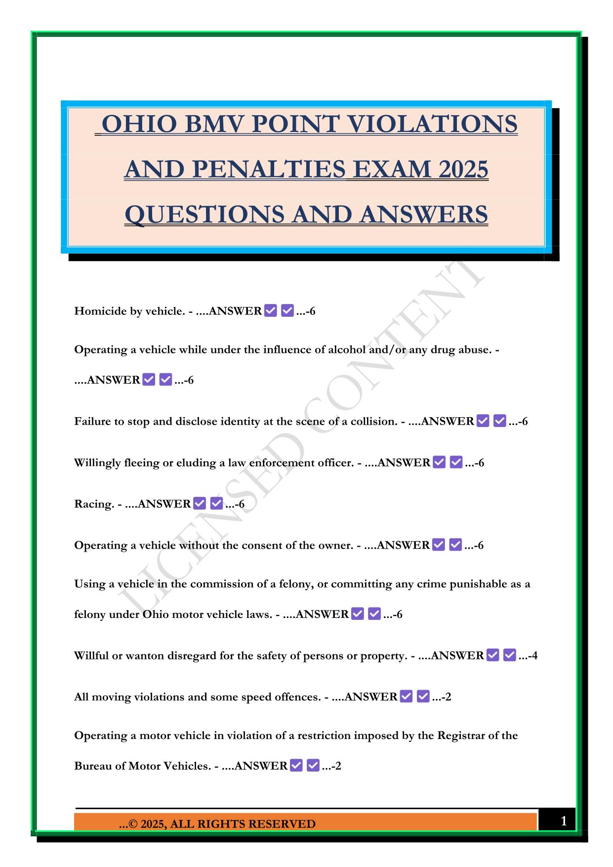 OHIO BMV POINT VIOLATIONS AND PENALTIES EXAM 2025 QUESTIONS AND ANSWERS