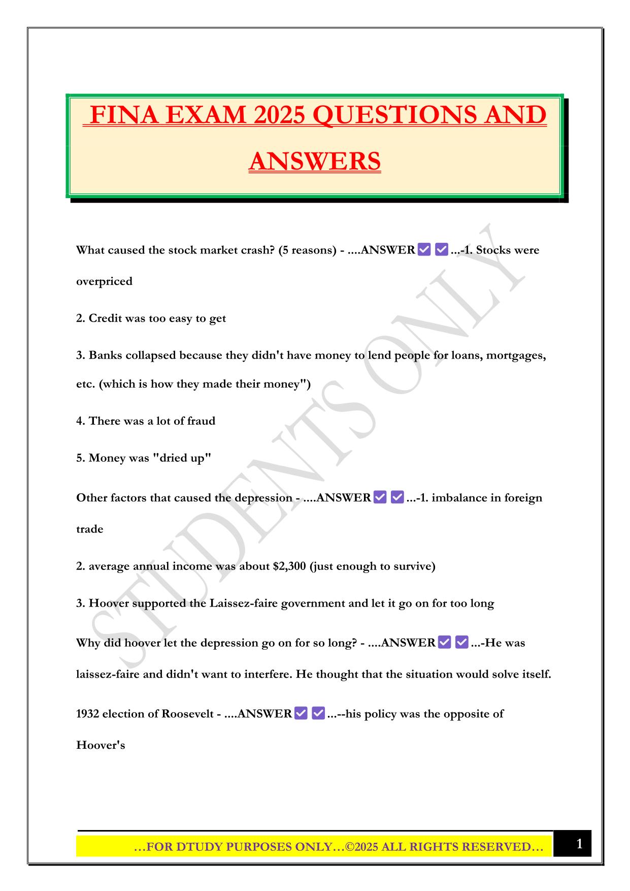 FINA EXAM 2025 QUESTIONS AND ANSWERS