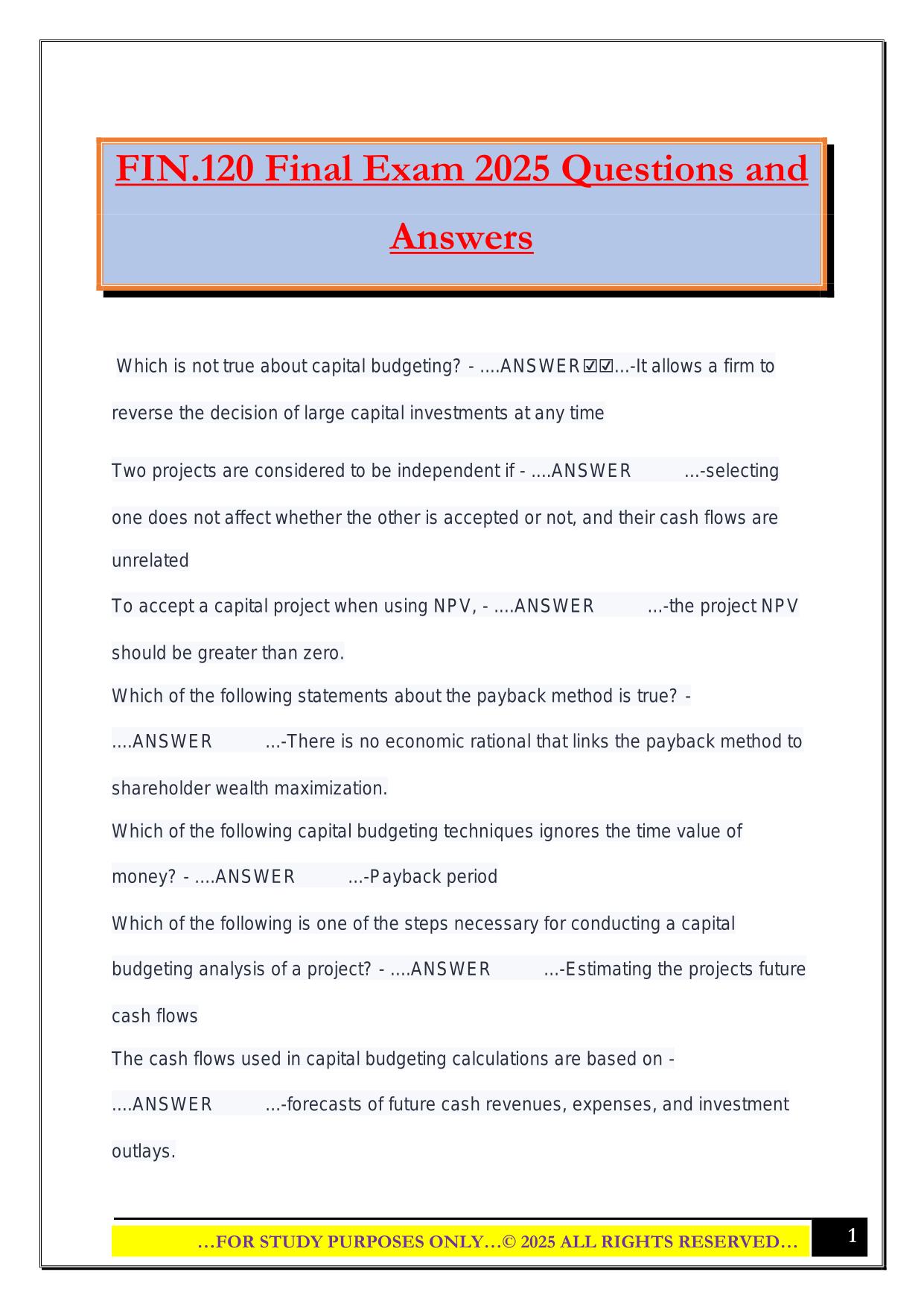 FIN.120 Final Exam 2025 Questions and Answers