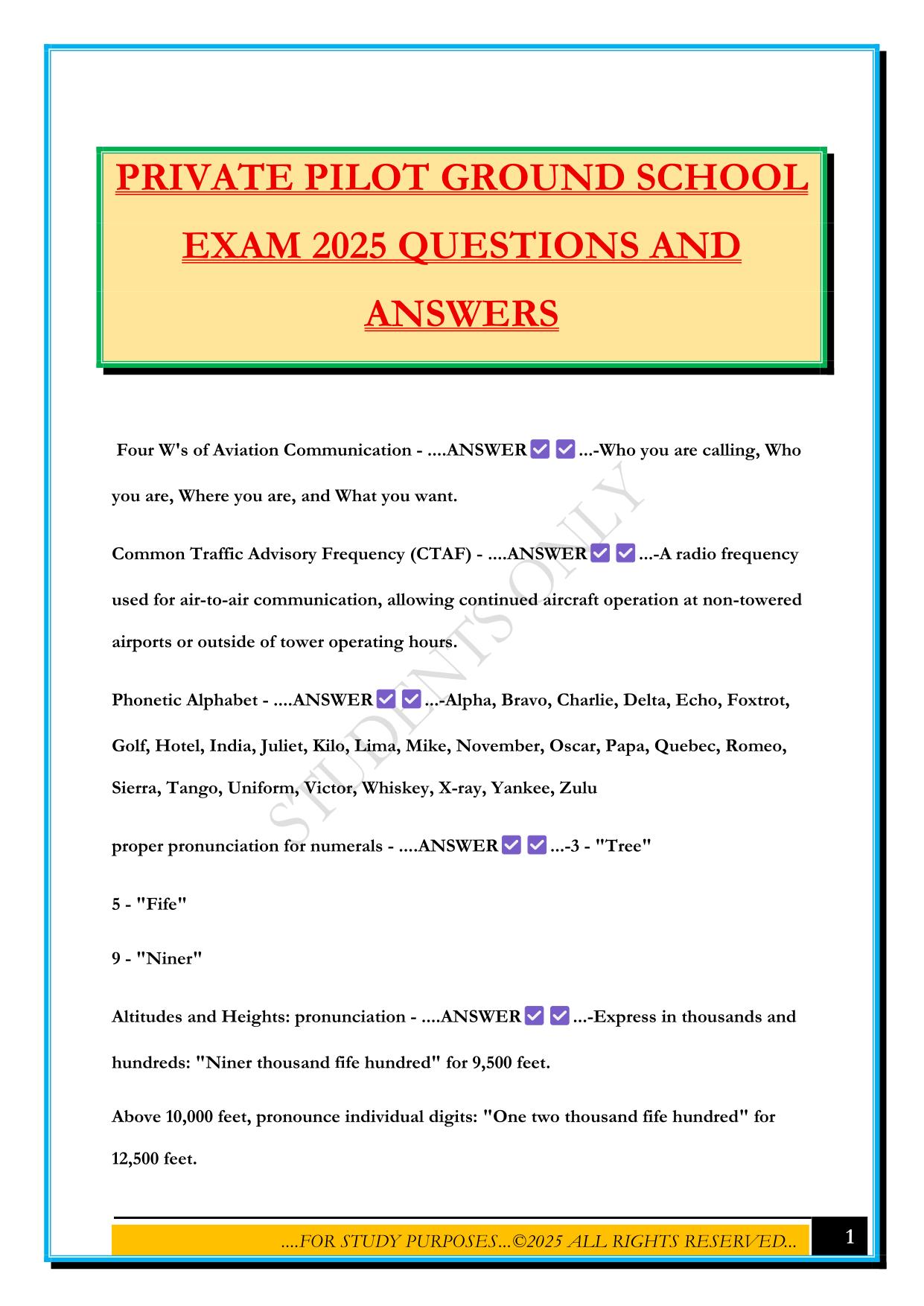 PRIVATE PILOT GROUND SCHOOL EXAM 2025 QUESTIONS AND ANSWERS