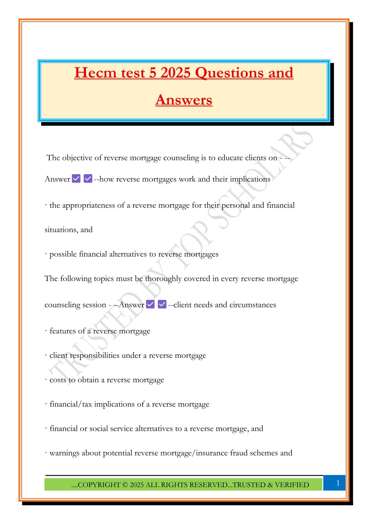 Hecm test 5 2025 Questions and Answers