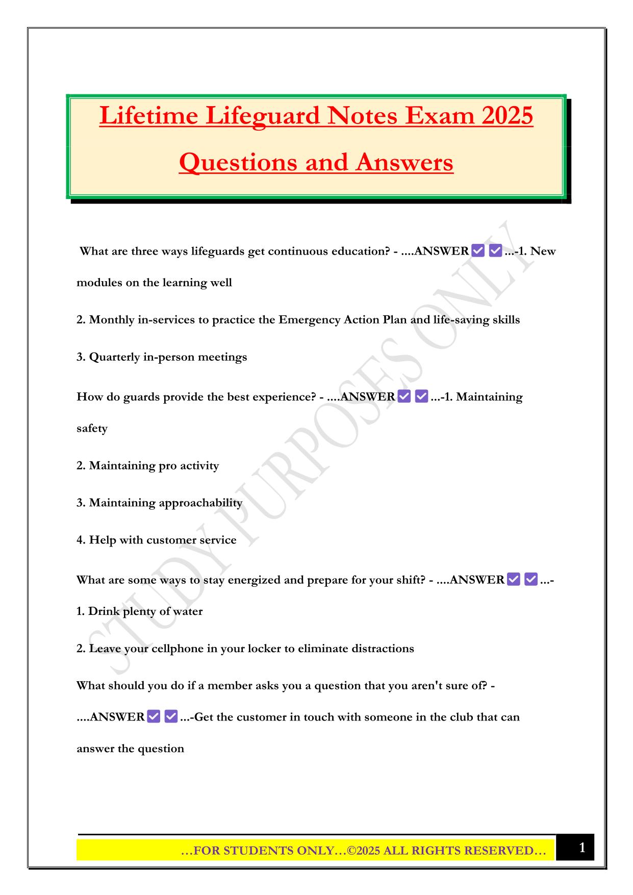 Lifetime Lifeguard Notes Exam 2025 Questions and Answers