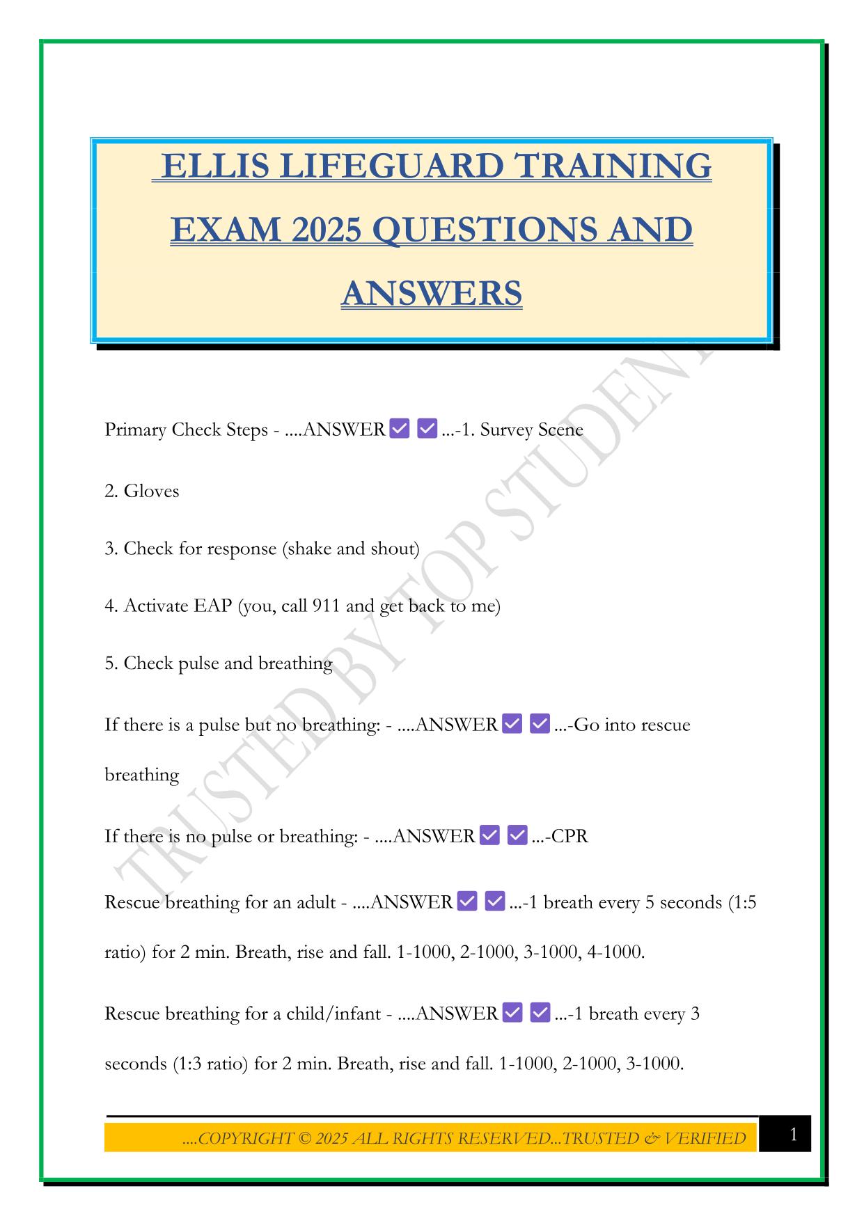 ELLIS LIFEGUARD TRAINING EXAM 2025 QUESTIONS AND ANSWERS