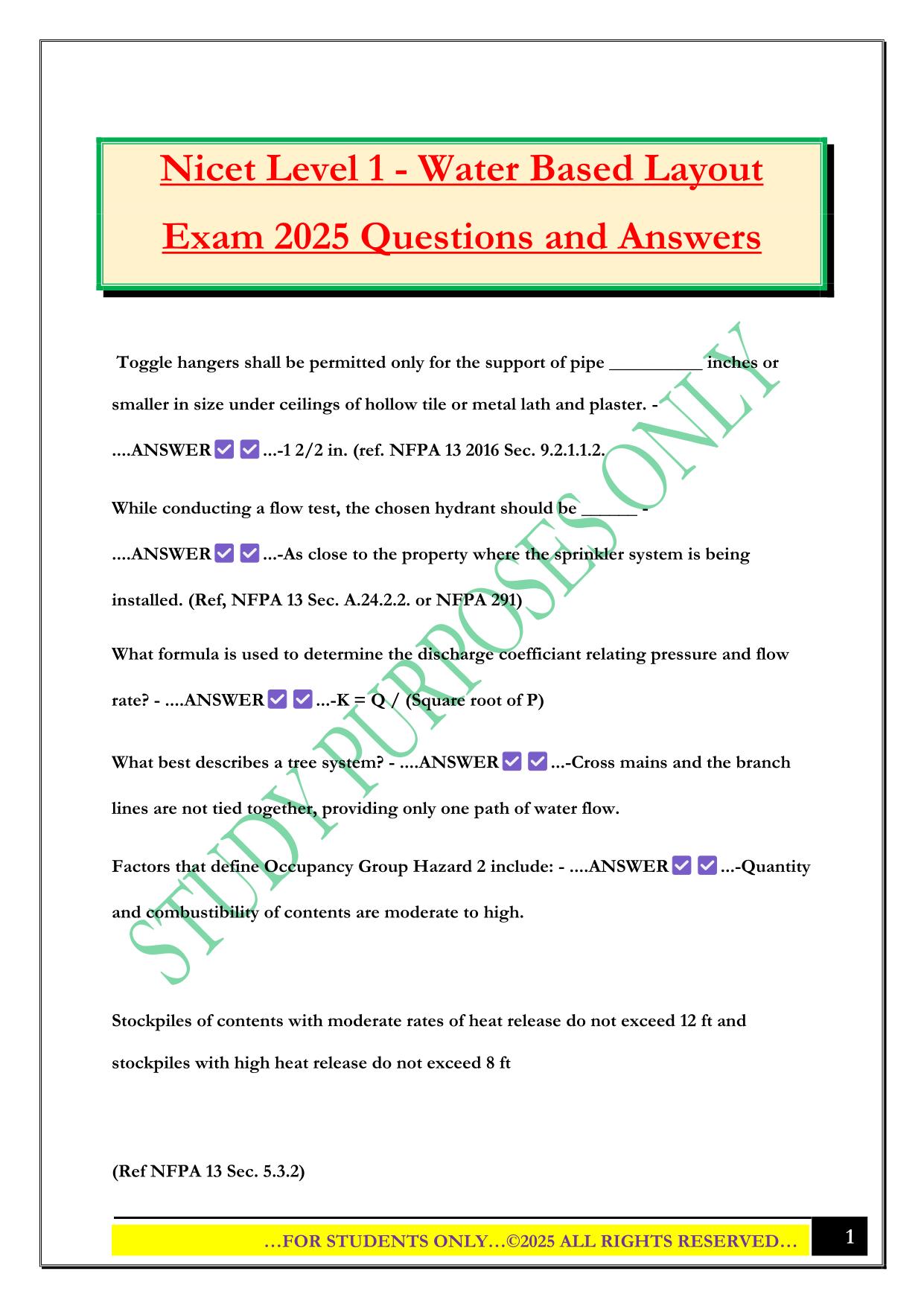Nicet Level 1 - Water Based Layout Exam 2025 Questions and Answers