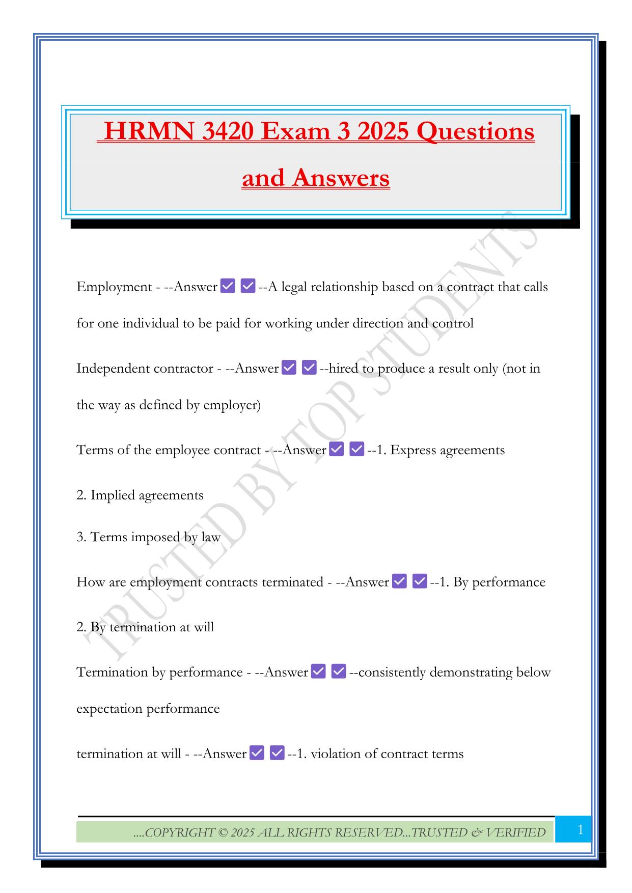 HRMN 3420 Exam 3 2025 Questions and Answers
