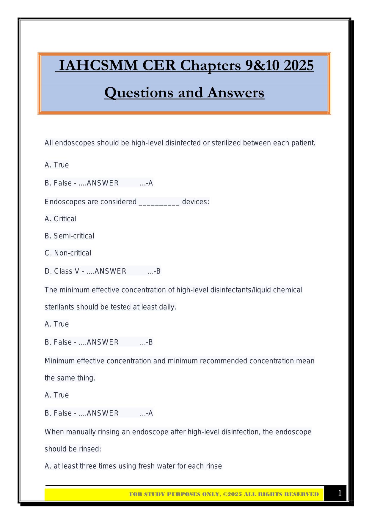 IAHCSMM CER Chapters 9&10 2025 Questions and Answers