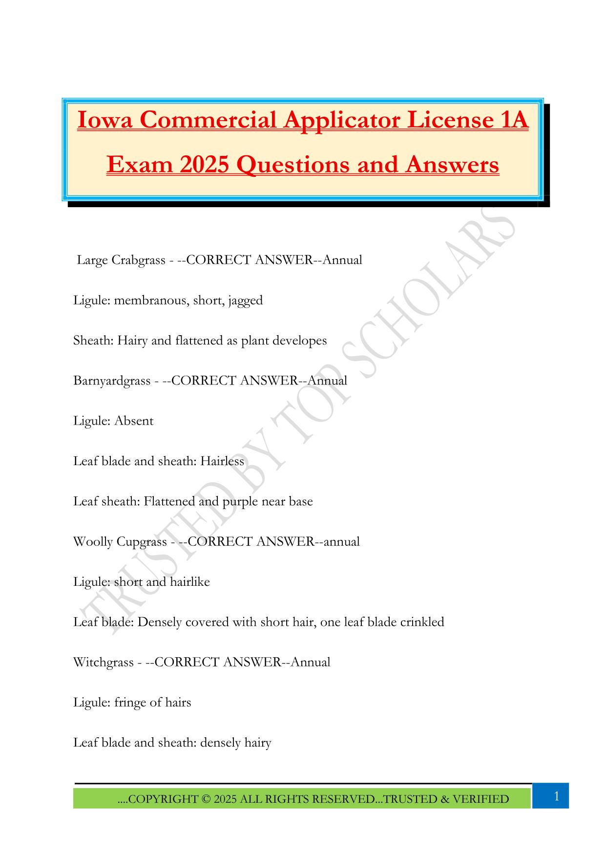 Iowa Commercial Applicator License 1A Exam 2025 Questions and Answers