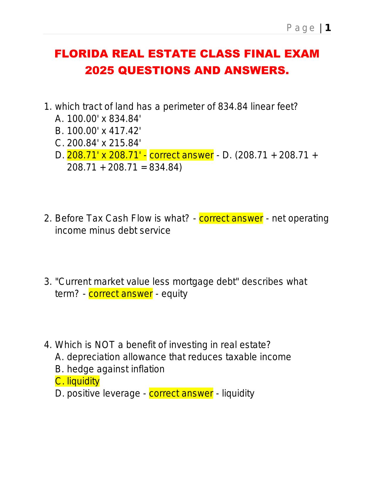 FLORIDA REAL ESTATE CLASS FINAL EXAM 2025 QUESTIONS AND ANSWERS.