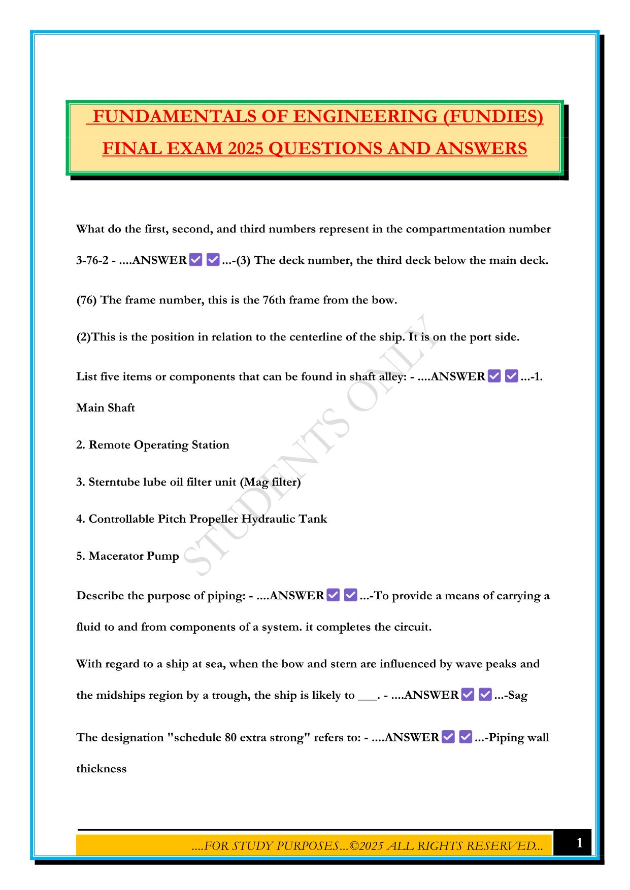 FUNDAMENTALS OF ENGINEERING (FUNDIES) FINAL EXAM 2025 QUESTIONS AND ANSWERS