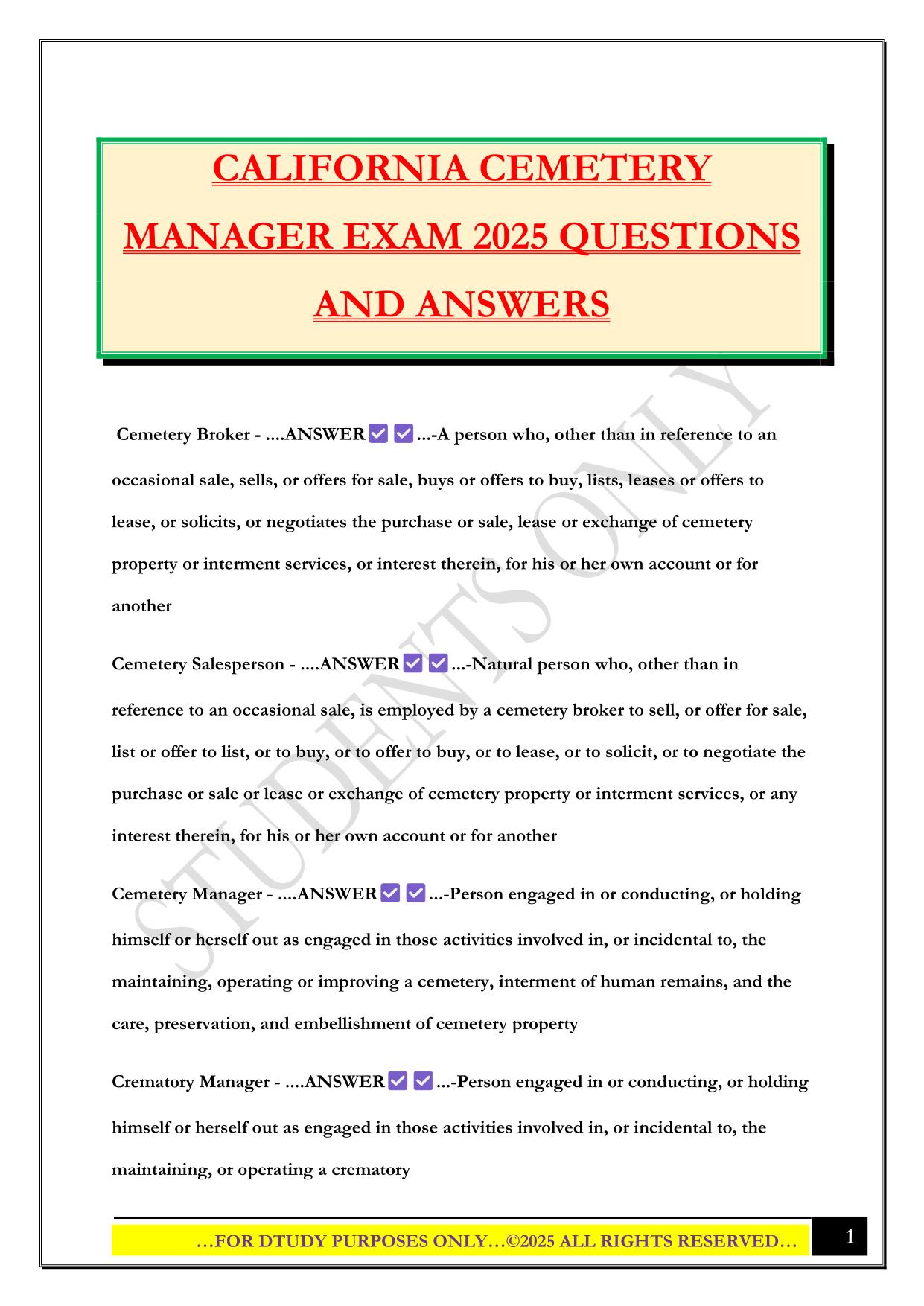 CALIFORNIA CEMETERY MANAGER EXAM 2025 QUESTIONS AND ANSWERS