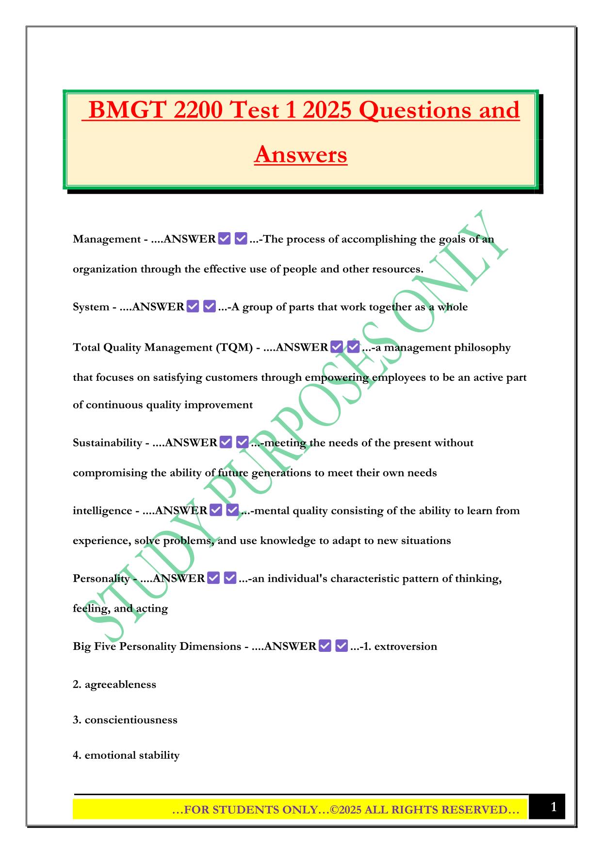 BMGT 2200 Test 1 2025 Questions and Answers
