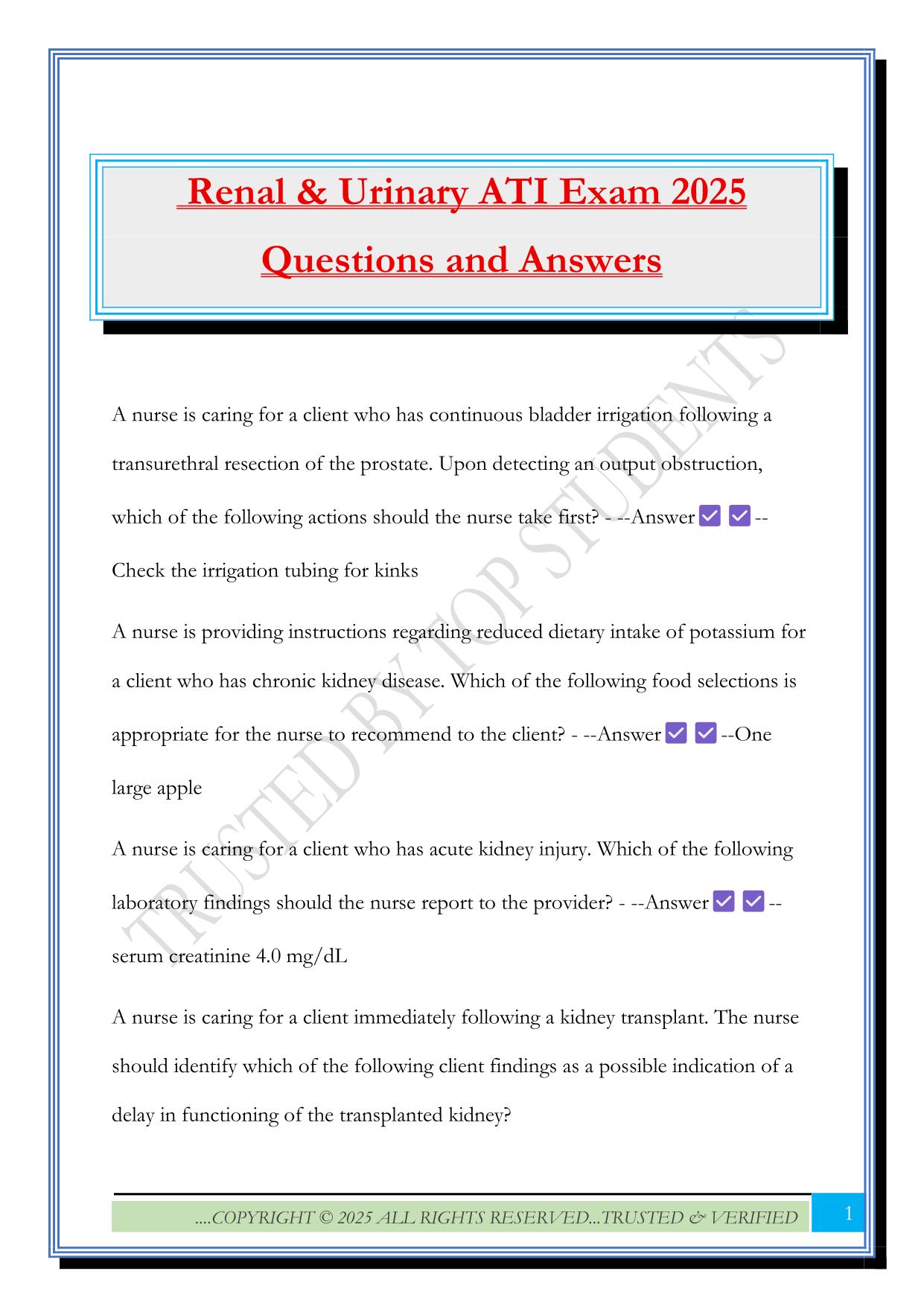 Renal & Urinary ATI Exam 2025 Questions and Answers