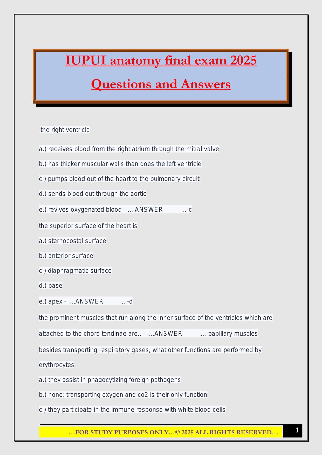 IUPUI anatomy final exam 2025 Questions and Answers