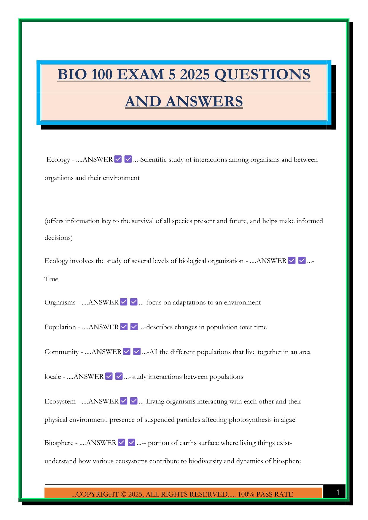 BIO 100 EXAM 5 2025 QUESTIONS AND ANSWERS