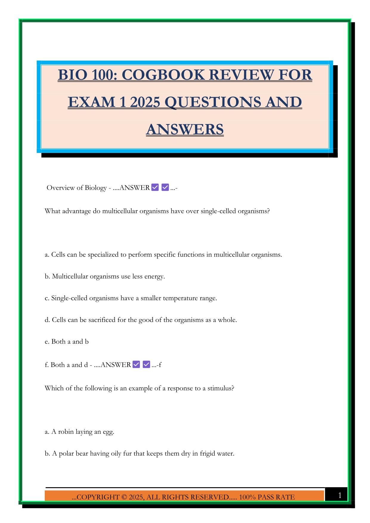 BIO 100: COGBOOK REVIEW FOR EXAM 1 2025 QUESTIONS AND ANSWERS