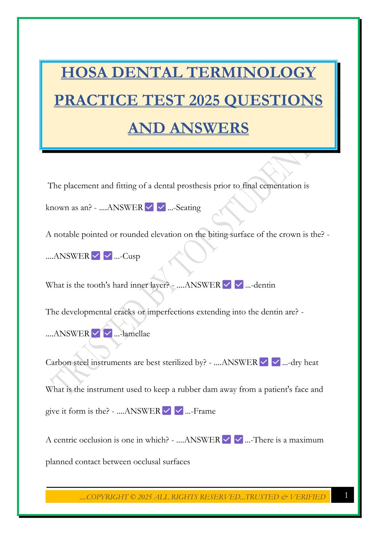 HOSA DENTAL TERMINOLOGY PRACTICE TEST 2025 QUESTIONS AND ANSWERS