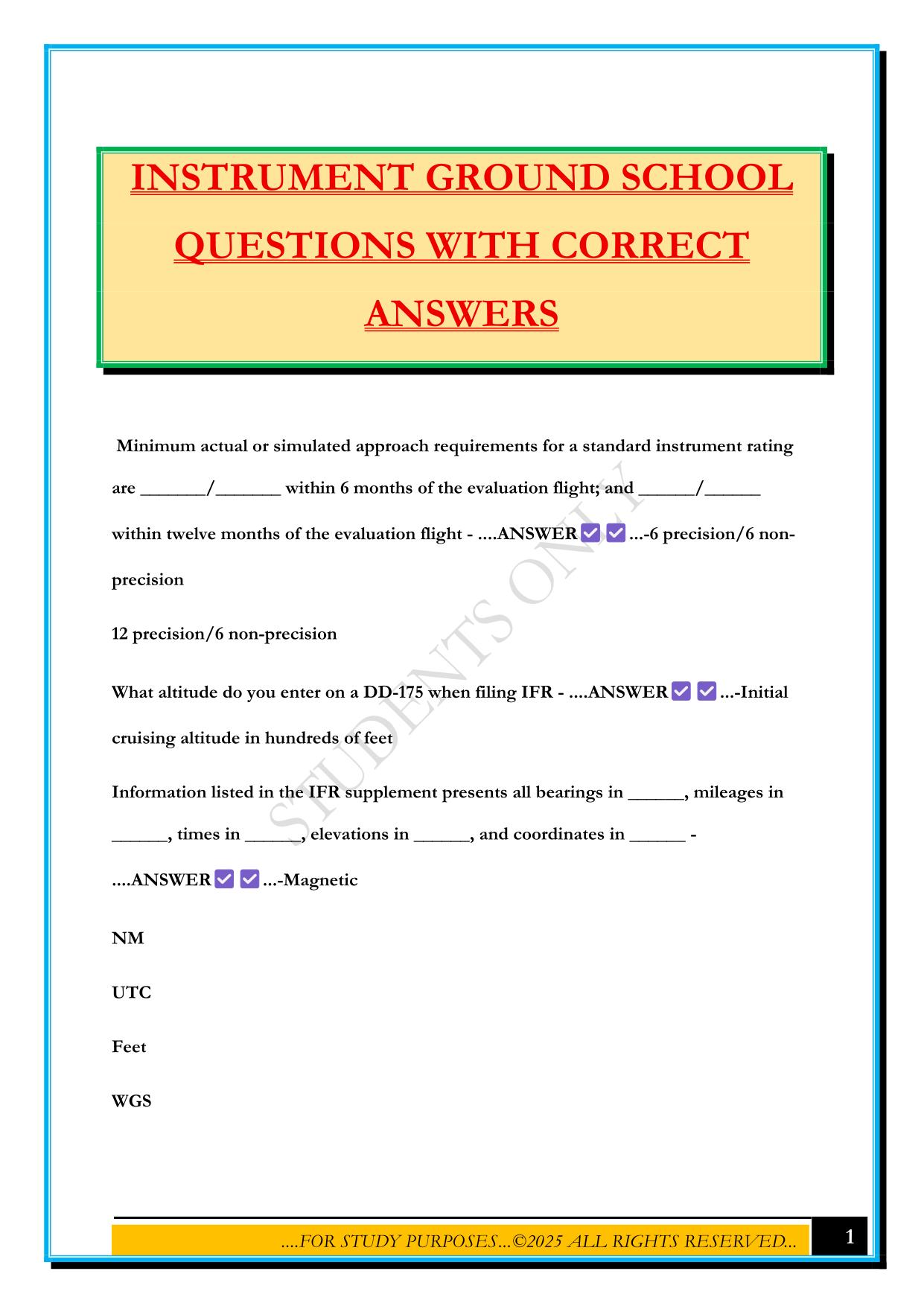 INSTRUMENT GROUND SCHOOL QUESTIONS WITH CORRECT ANSWERS