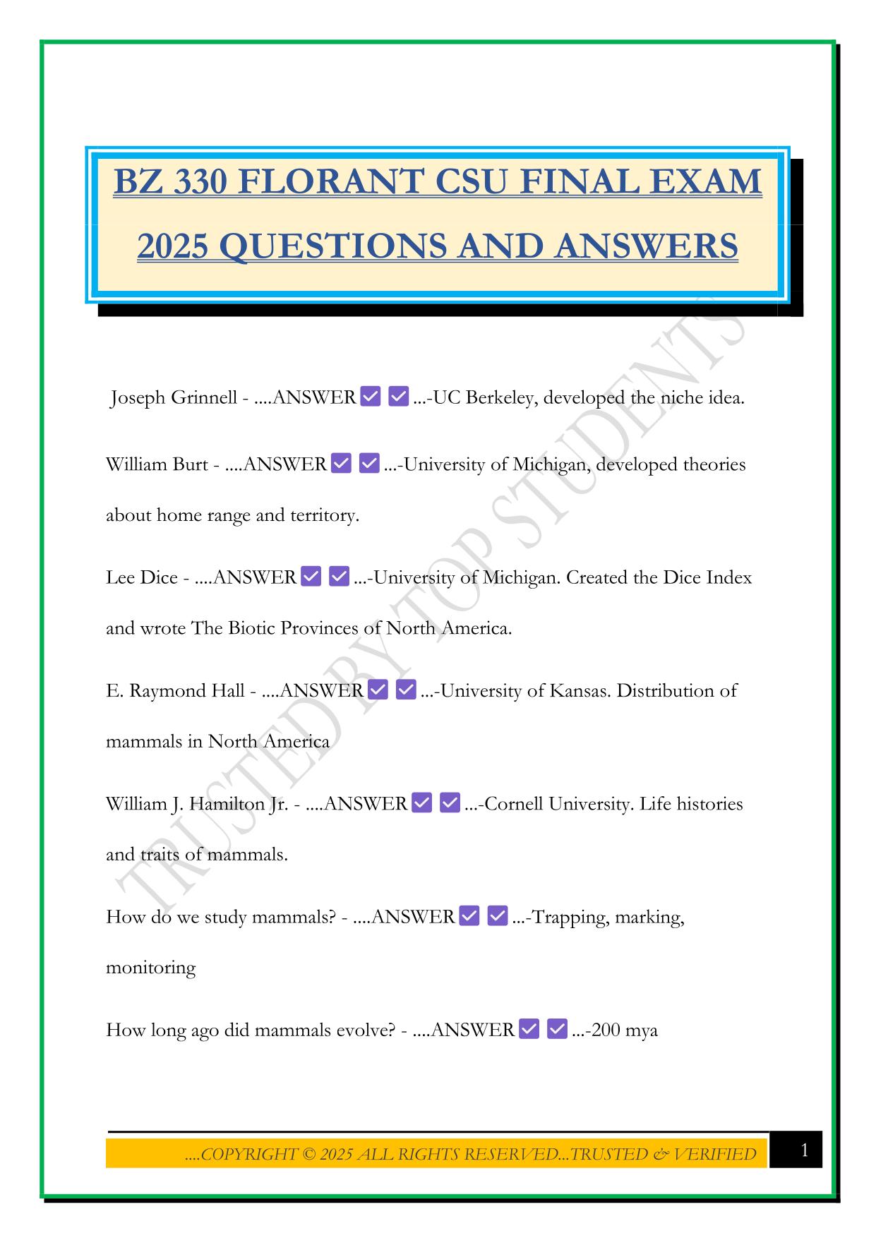 BZ 330 FLORANT CSU FINAL EXAM 2025 QUESTIONS AND ANSWERS