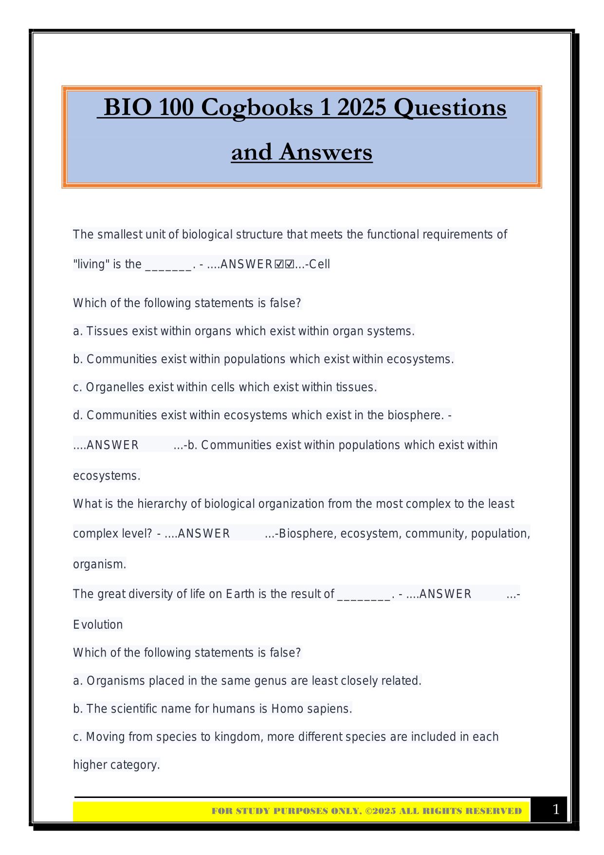 BIO100 Bundled Exams 2025/2026 |Questions and Answers|100% Pass