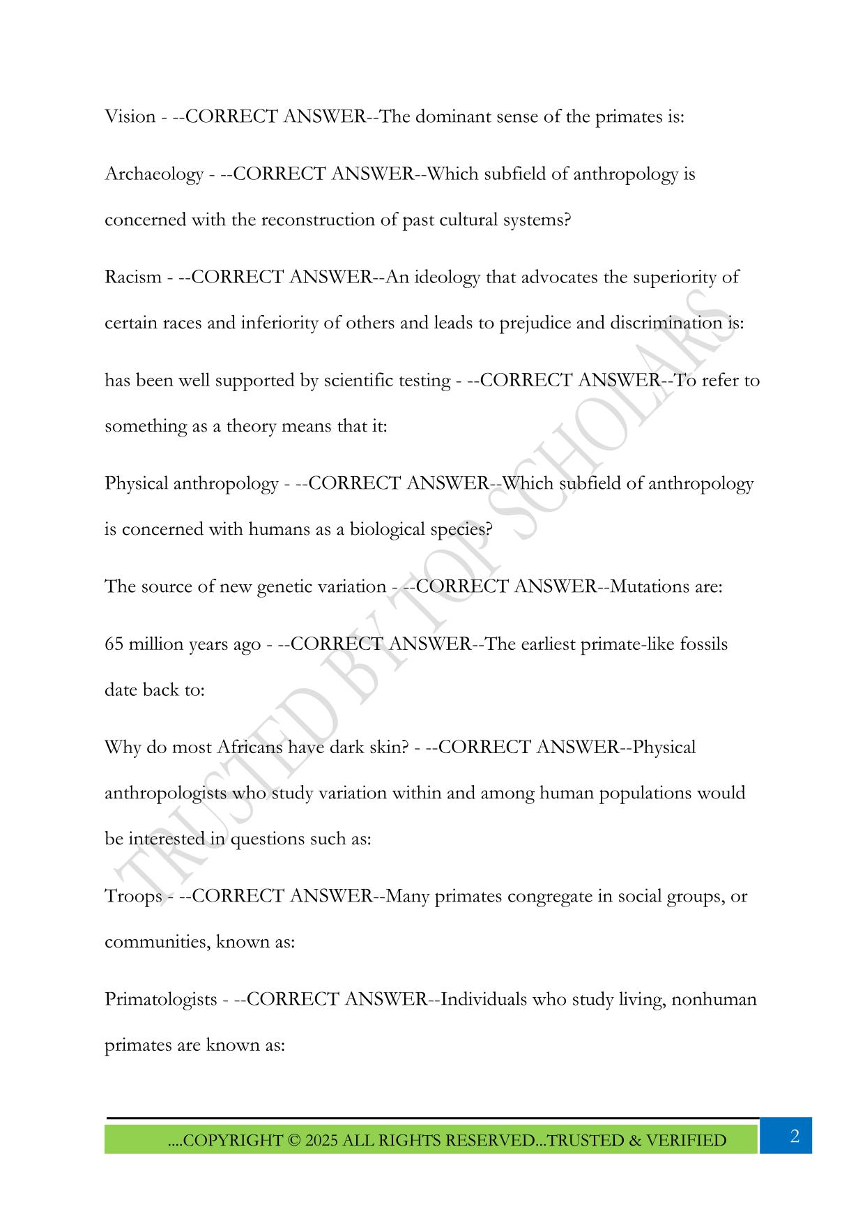 Anthropology Test 1 WVU Sahady 2025 Questions and Answers