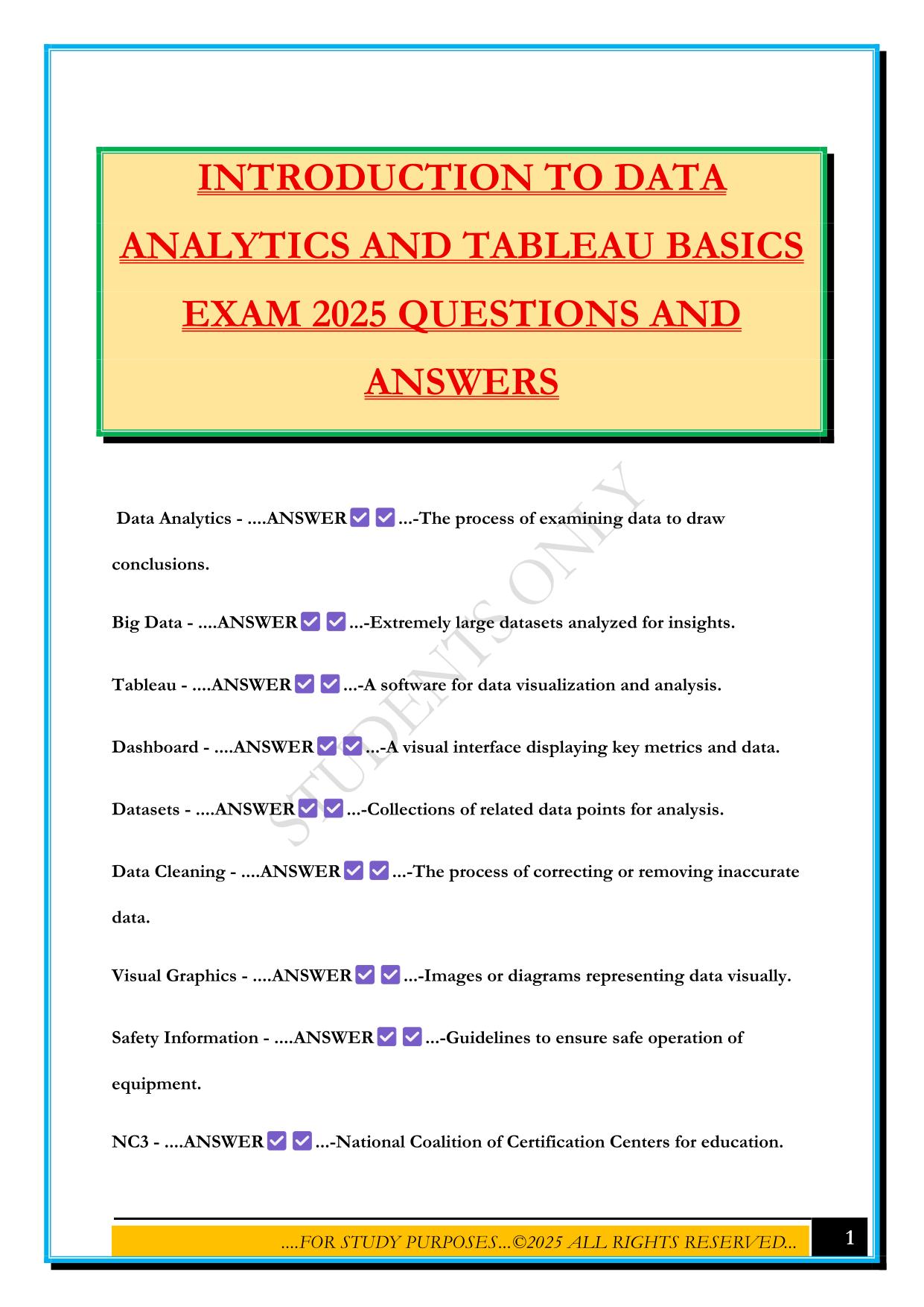 INTRODUCTION TO DATA ANALYTICS AND TABLEAU BASICS EXAM 2025 QUESTIONS AND ANSWERS