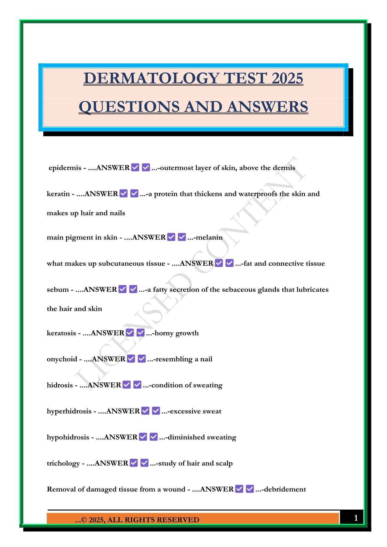 DERMATOLOGY TEST 2025 QUESTIONS AND ANSWERS