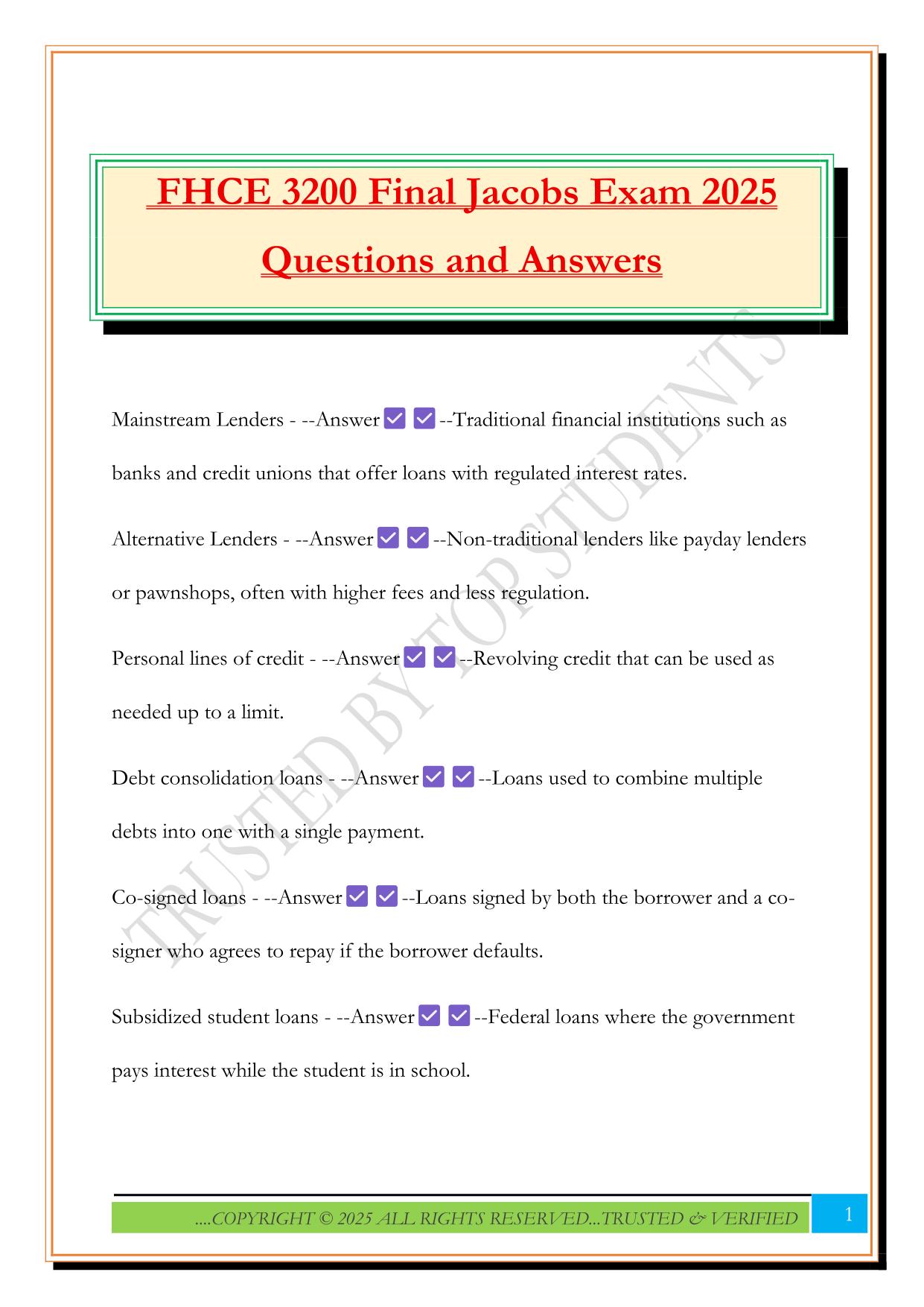FHCE 3200 Final Jacobs Exam 2025 Questions and Answers