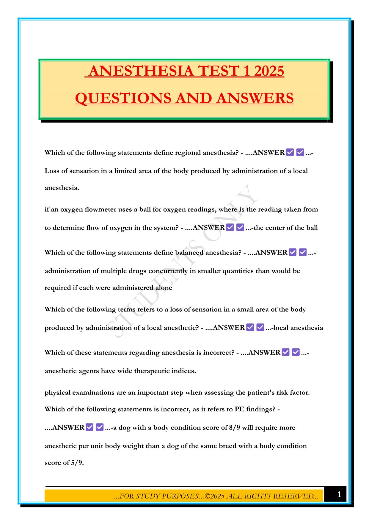 ANESTHESIA TEST 1 2025 QUESTIONS AND ANSWERS