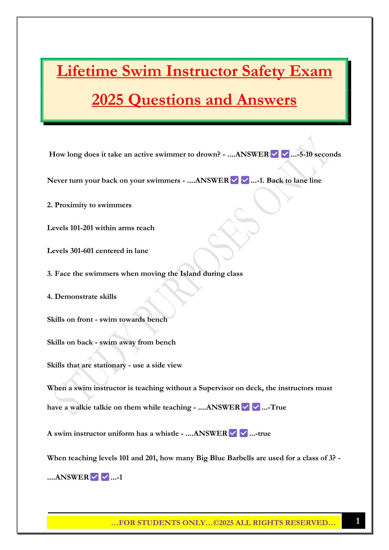 Lifetime Swim Instructor Safety Exam 2025 Questions and Answers