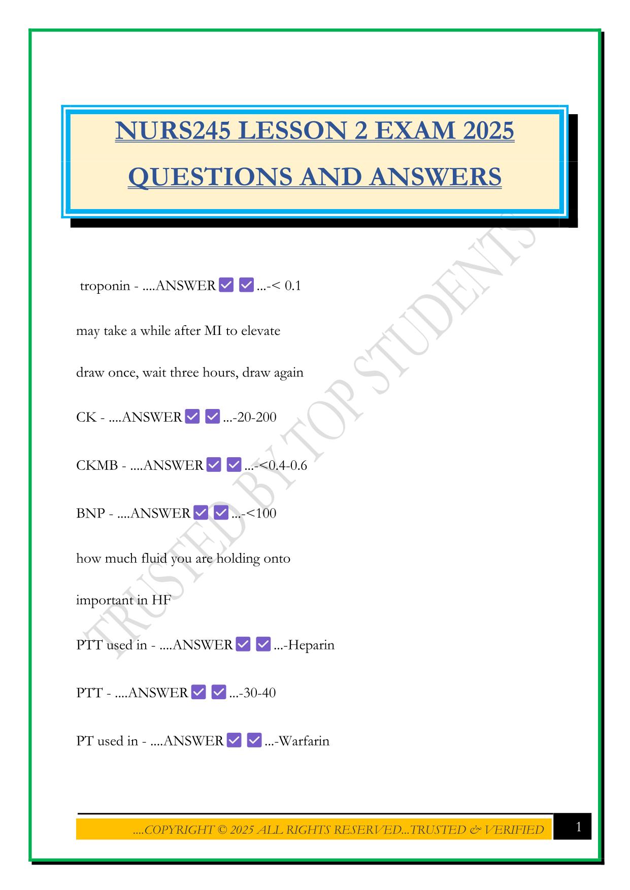 NURS245 LESSON 2 EXAM 2025 QUESTIONS AND ANSWERS