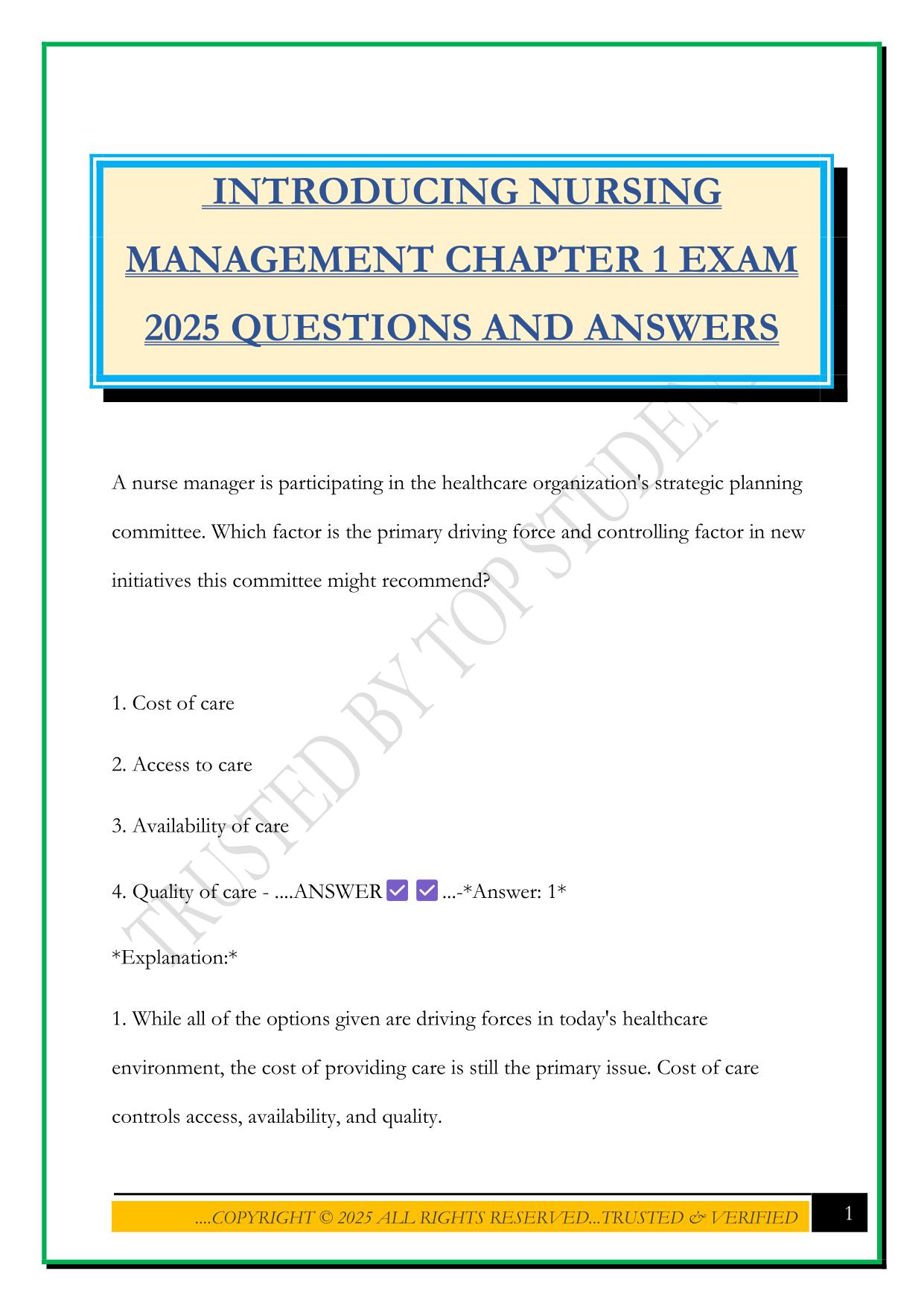 INTRODUCING NURSING MANAGEMENT CHAPTER 1 EXAM 2025 QUESTIONS AND ANSWERS