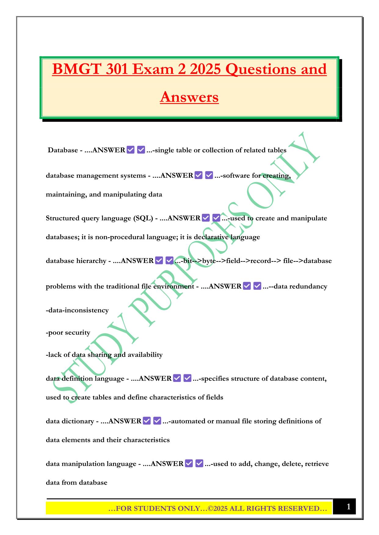 BMGT 301 Exam 2 2025 Questions and Answers