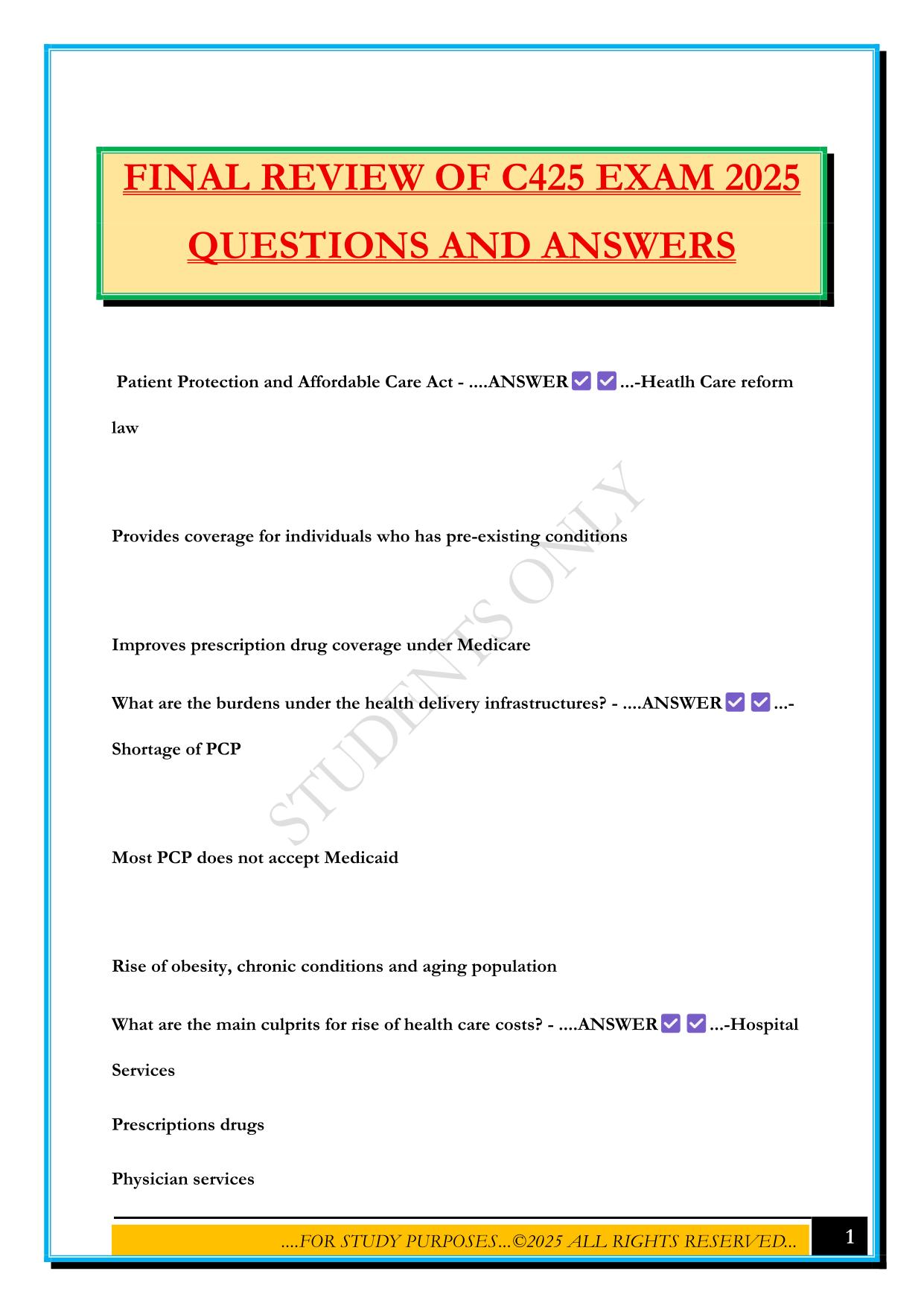 FINAL REVIEW OF C425 EXAM 2025 QUESTIONS AND ANSWERS